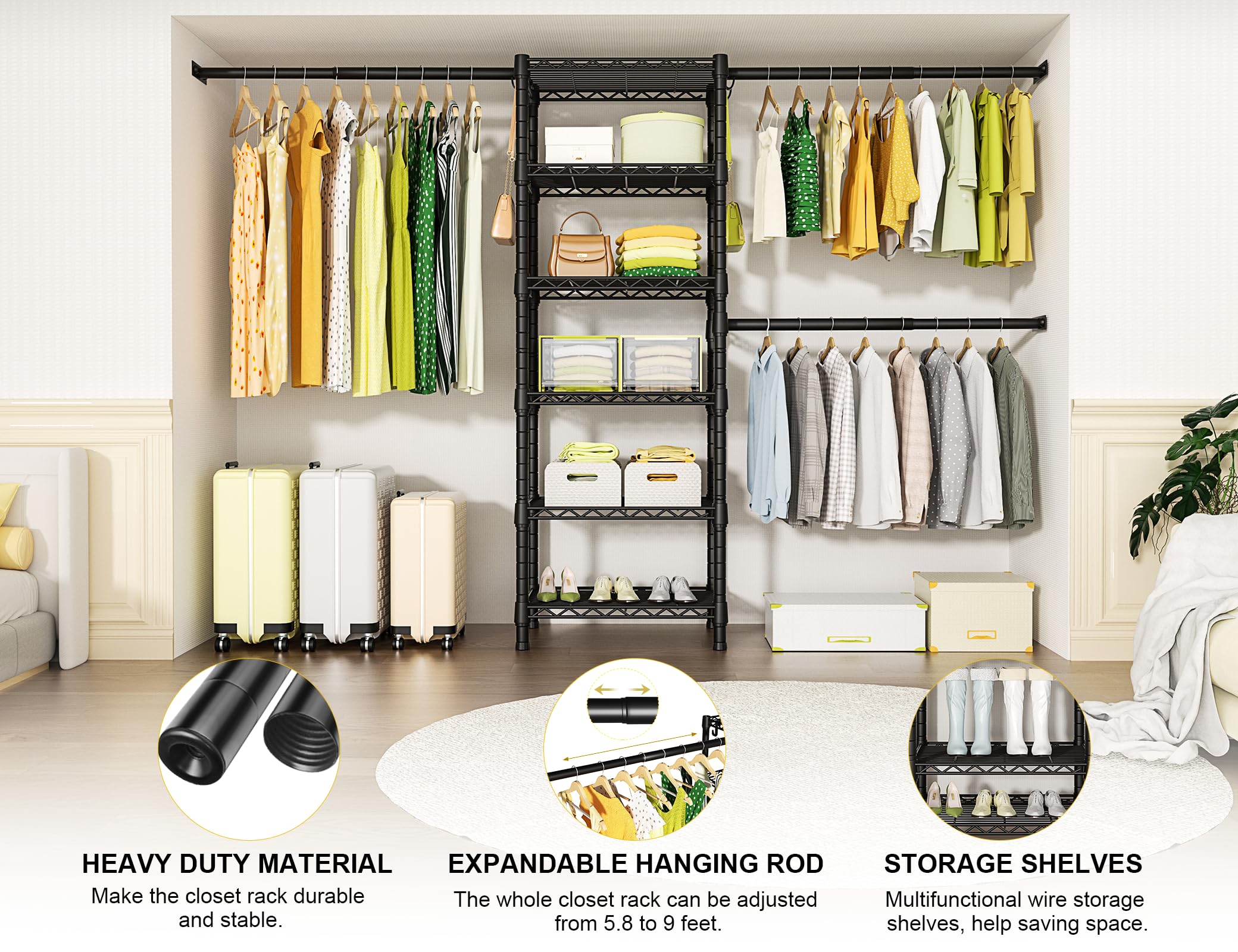 Ulif M5 Wall Mounted Clothes Garment Rack, Heavy Duty Closet Storage And Organizer System With 6 Shelves And 3 Expandable Hanger