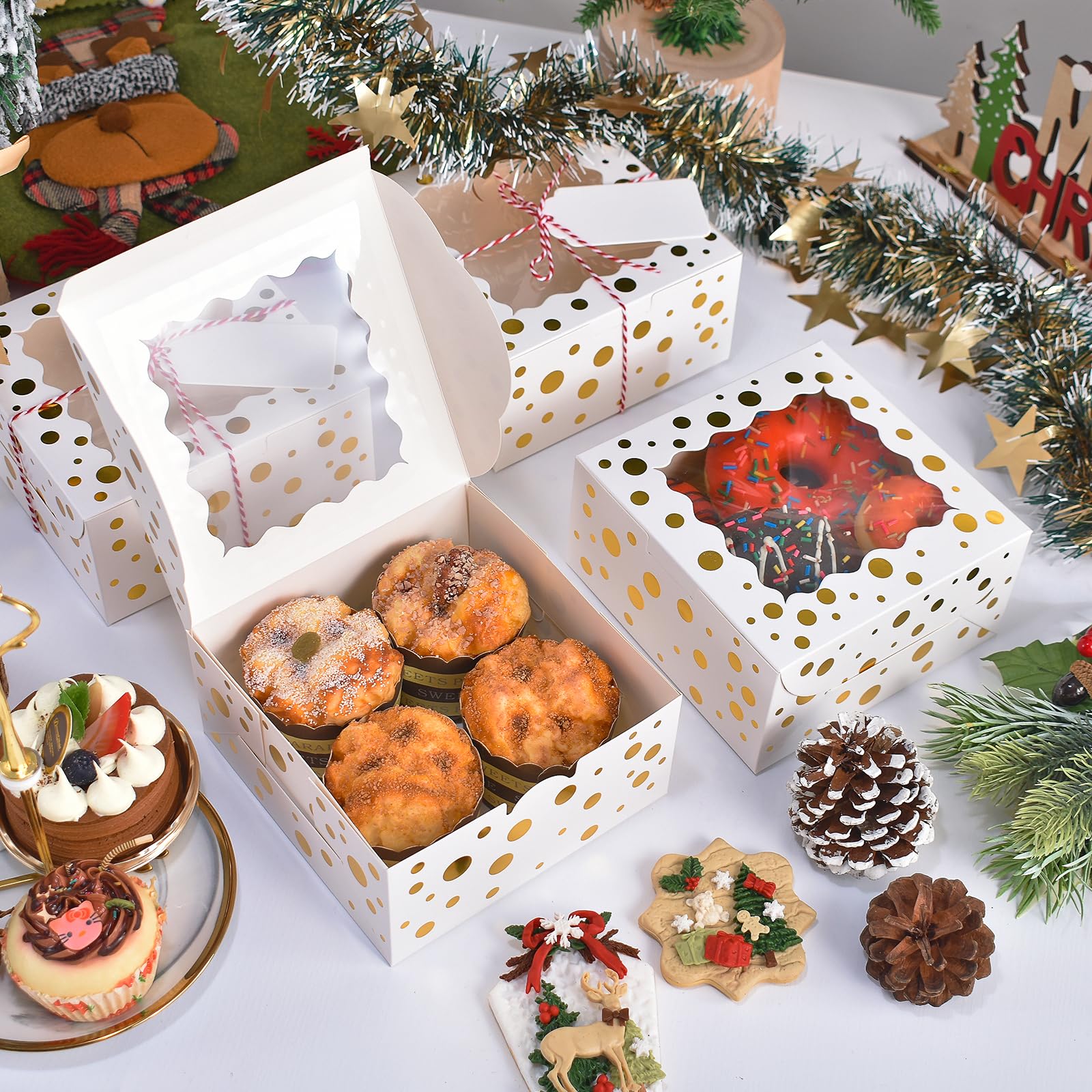 DOYIDE 32Pcs 6x6x3 in Christmas Cookie Boxes with Window, White Bakery Boxes for Cookie, Treat Boxes Pastry Boxes for Gift Givin