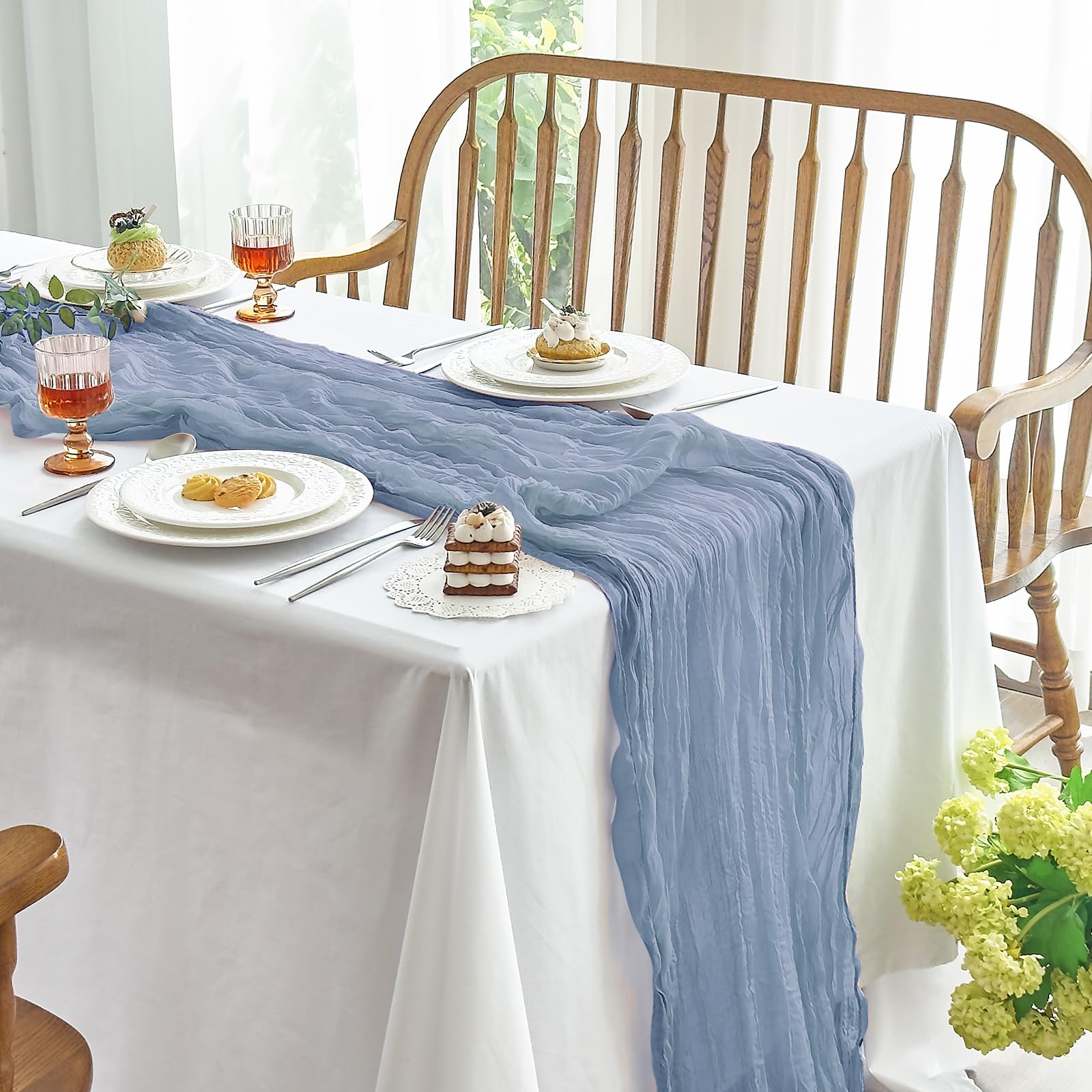 IVAPUPU 2 Pcs Cheesecloth Table Runner - 10ft Dusty Blue Boho Gauze Cheese Cloth Table Runners for Baby Shower Decoration Weddin