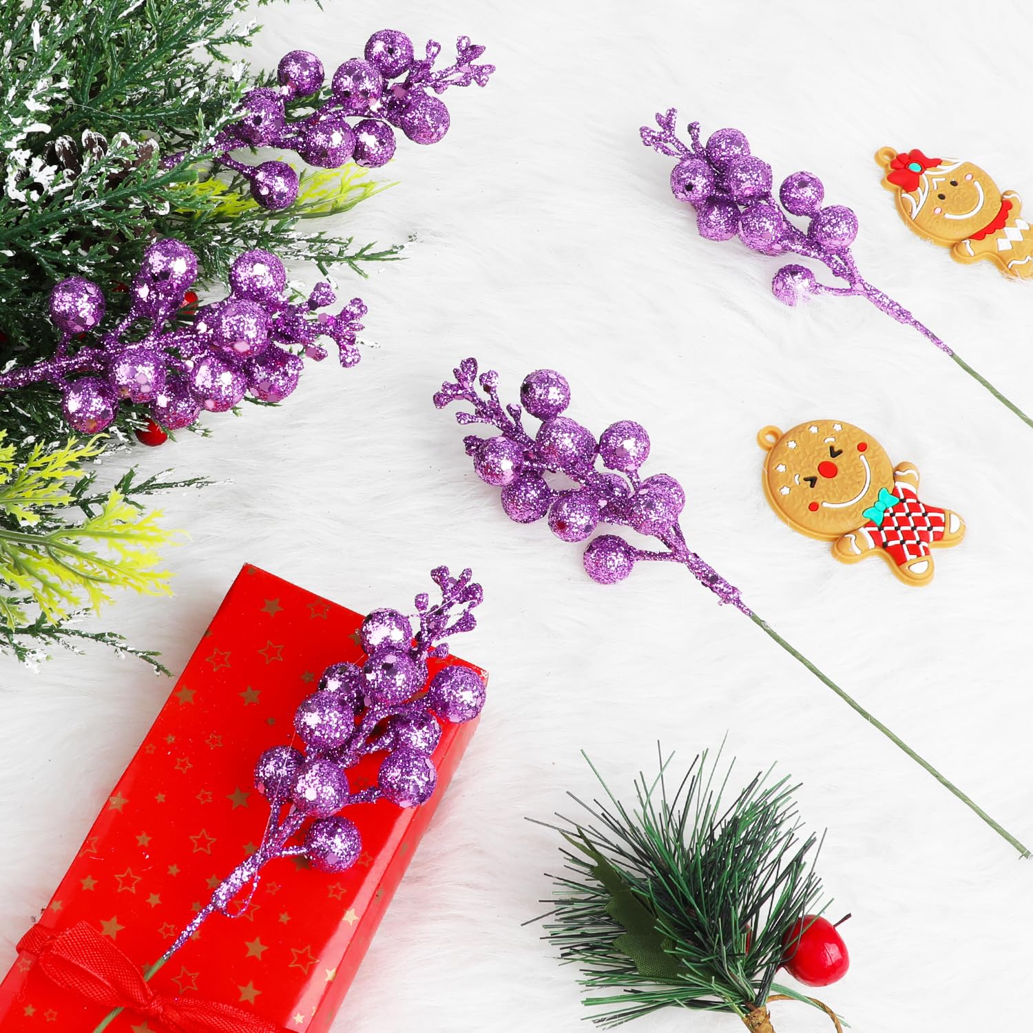 DIYASY Glitter Berry Stems,20Pcs Artificial Xmas Picks and Sprays Christmas Tree Filler Branches Ornaments Holiday Wreath Garlan
