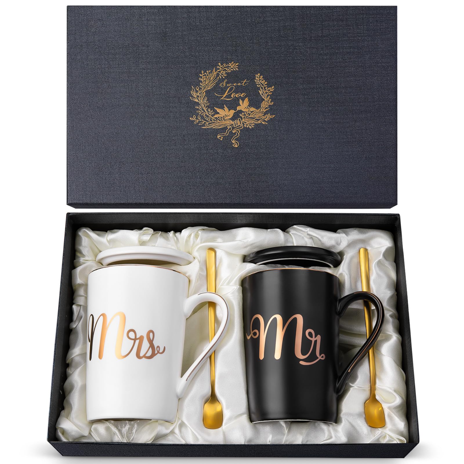 Mr and Mrs Mugs Set Printed with Gold, Wedding Engagement Gifts for Couples