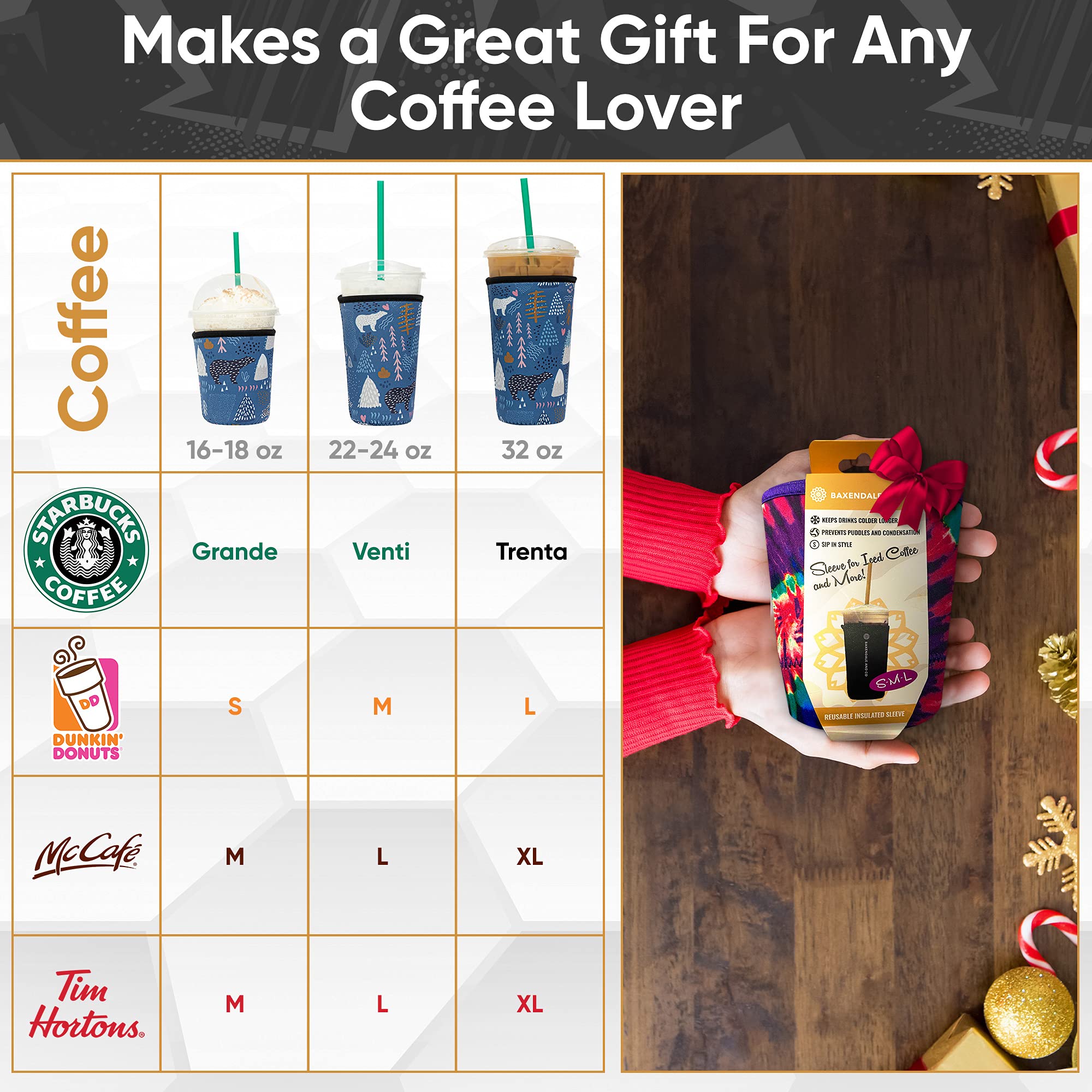 Baxendale and Co Reusable Neoprene Insulator Sleeves for Large Sized Iced Coffee and Cold Drink Cups (2 PK Large 32oz  Triangle & Monstera)