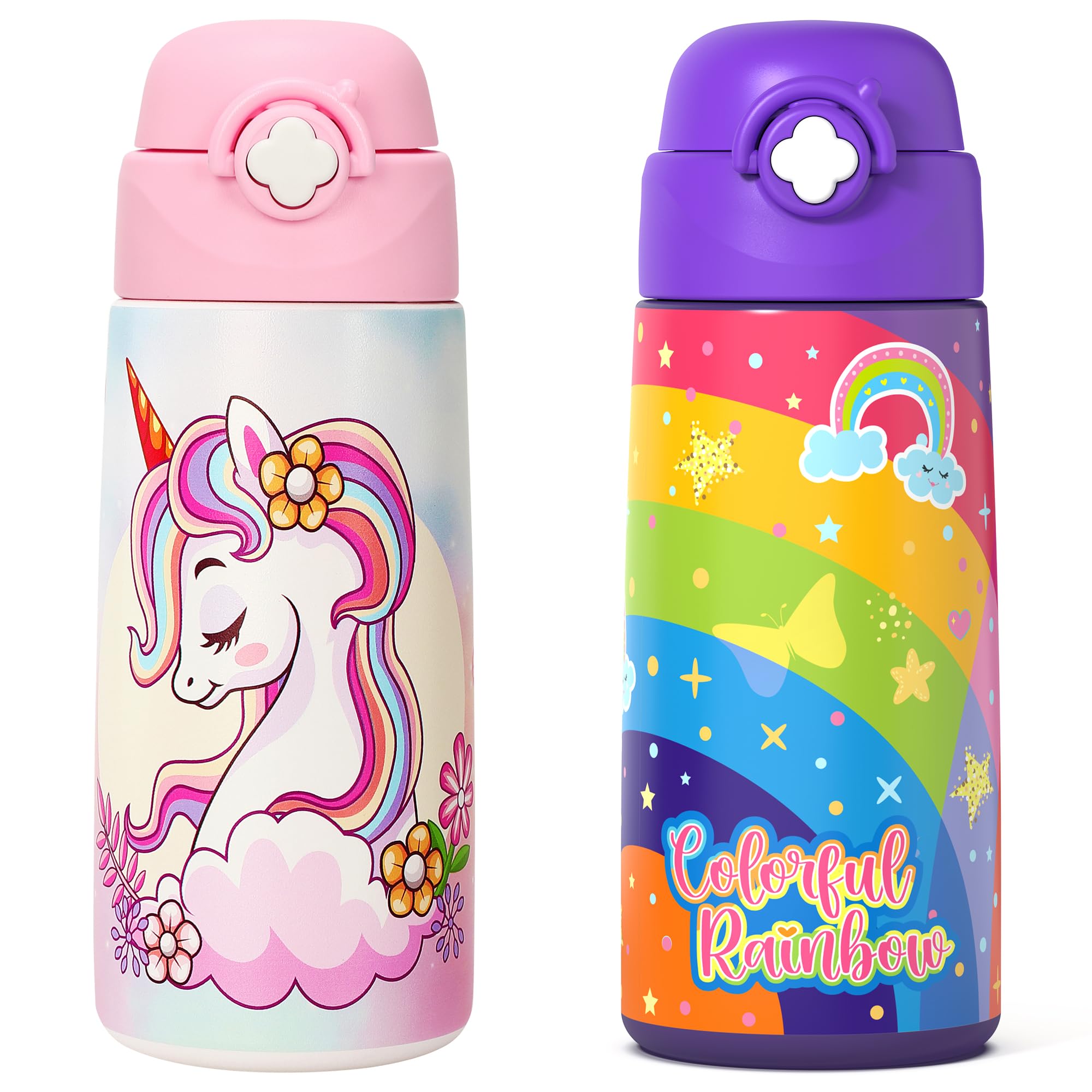 Ntswasd Girls Insulated Water Bottle with Covered Pop-Up Straw,16 oz Kids Cups with Stainless Steel Leak Proof for School(2 pack