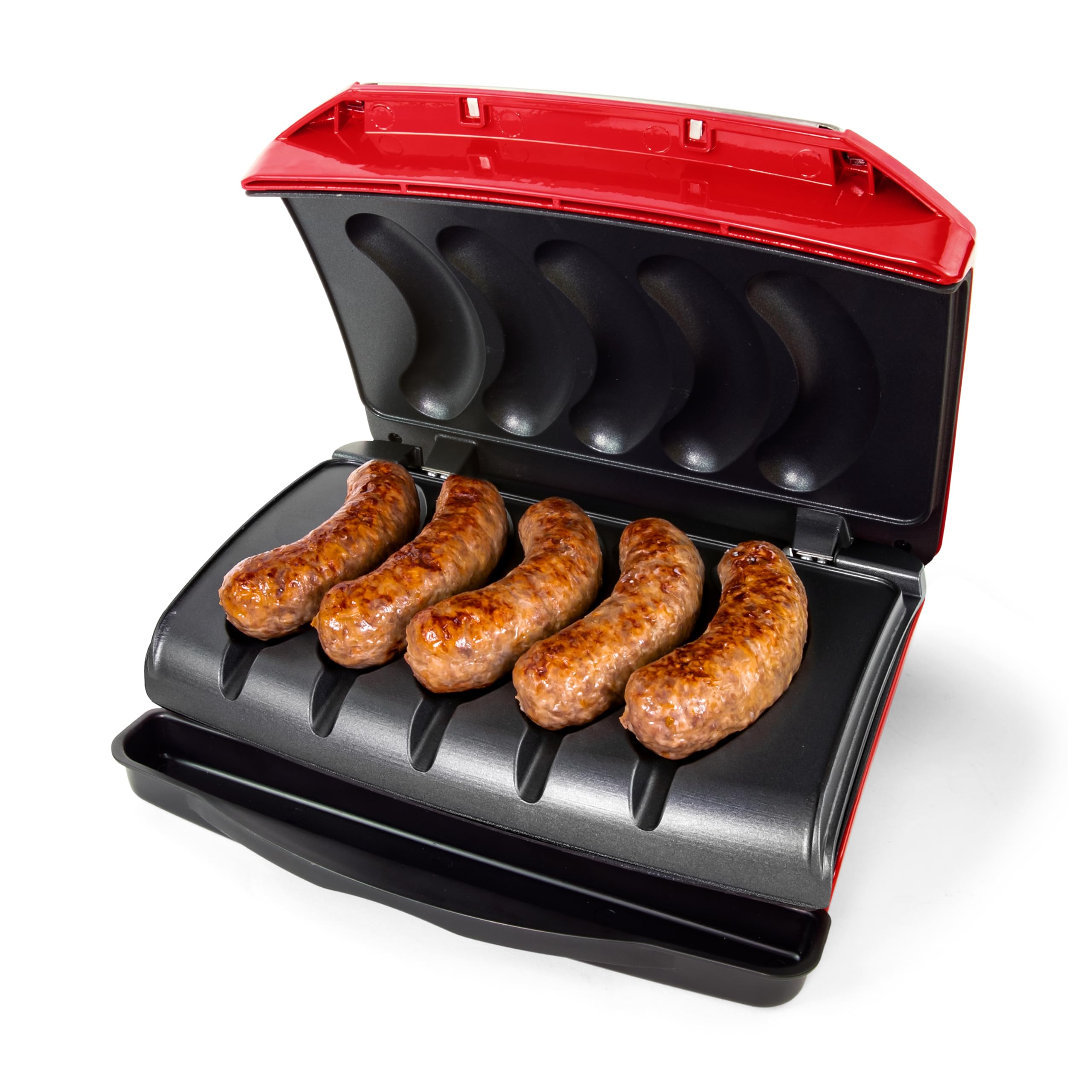 Nostalgia Game Day Sausage and Brat 5 Link Electric Grill with Oil Drip Tray, Carry Handle, and Cord Storage, Cooks Beef, Turkey