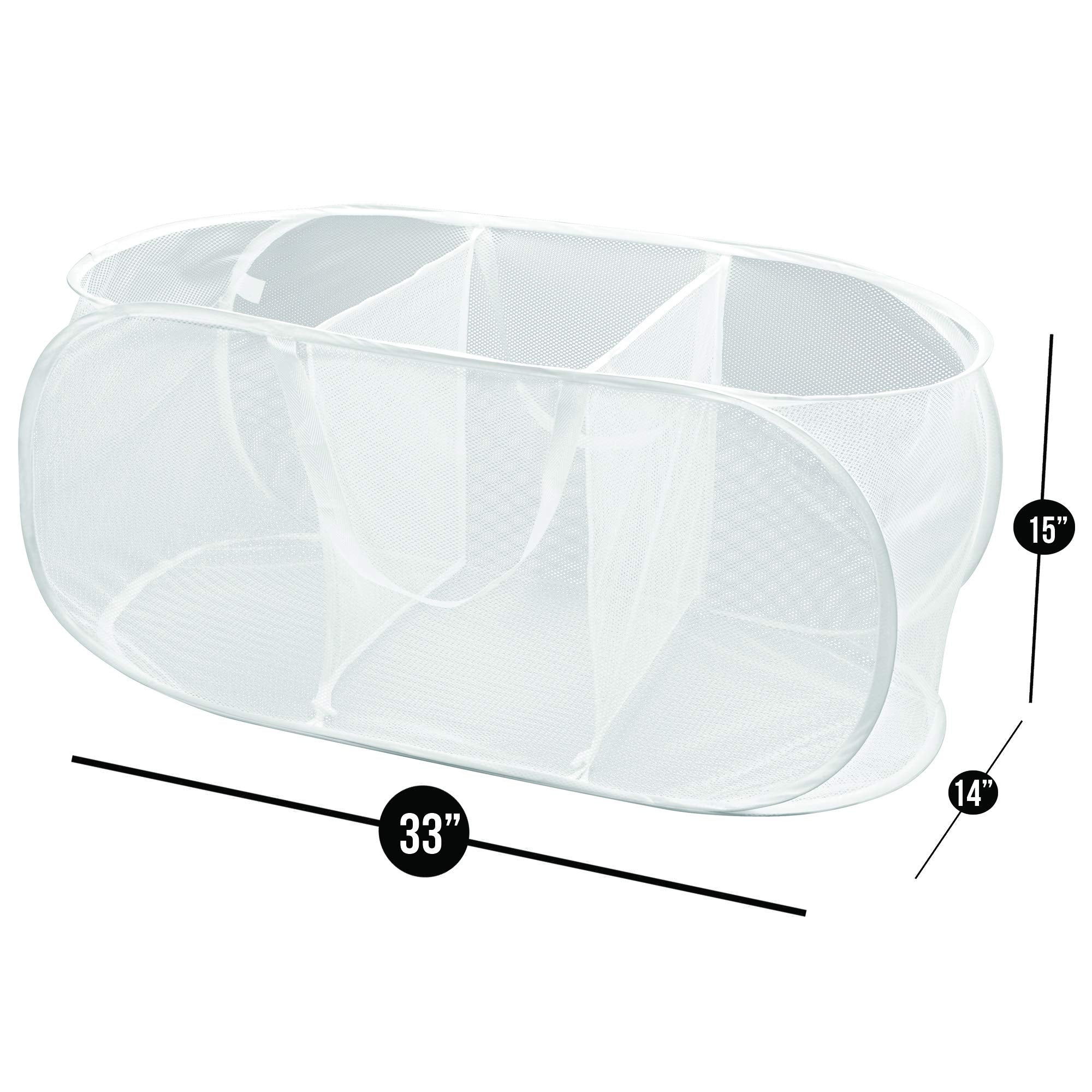 Smart Design Deluxe Mesh Pop Up 3 Compartment Laundry Sorter Hamper Basket - Ventilair Fabric Collapsible Design - For Clothes &