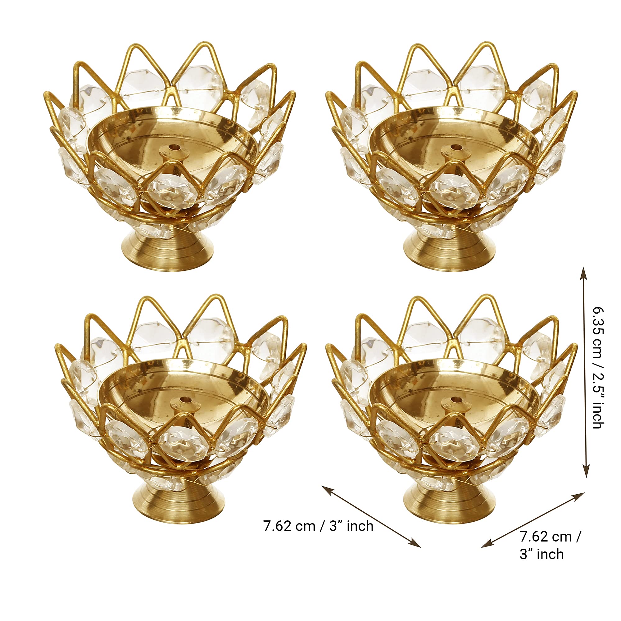 eCraftIndia Lotus Shape Crystal Golden Brass Diya for Diwali, Navratri, Dussehra, and Other Festive Occasions