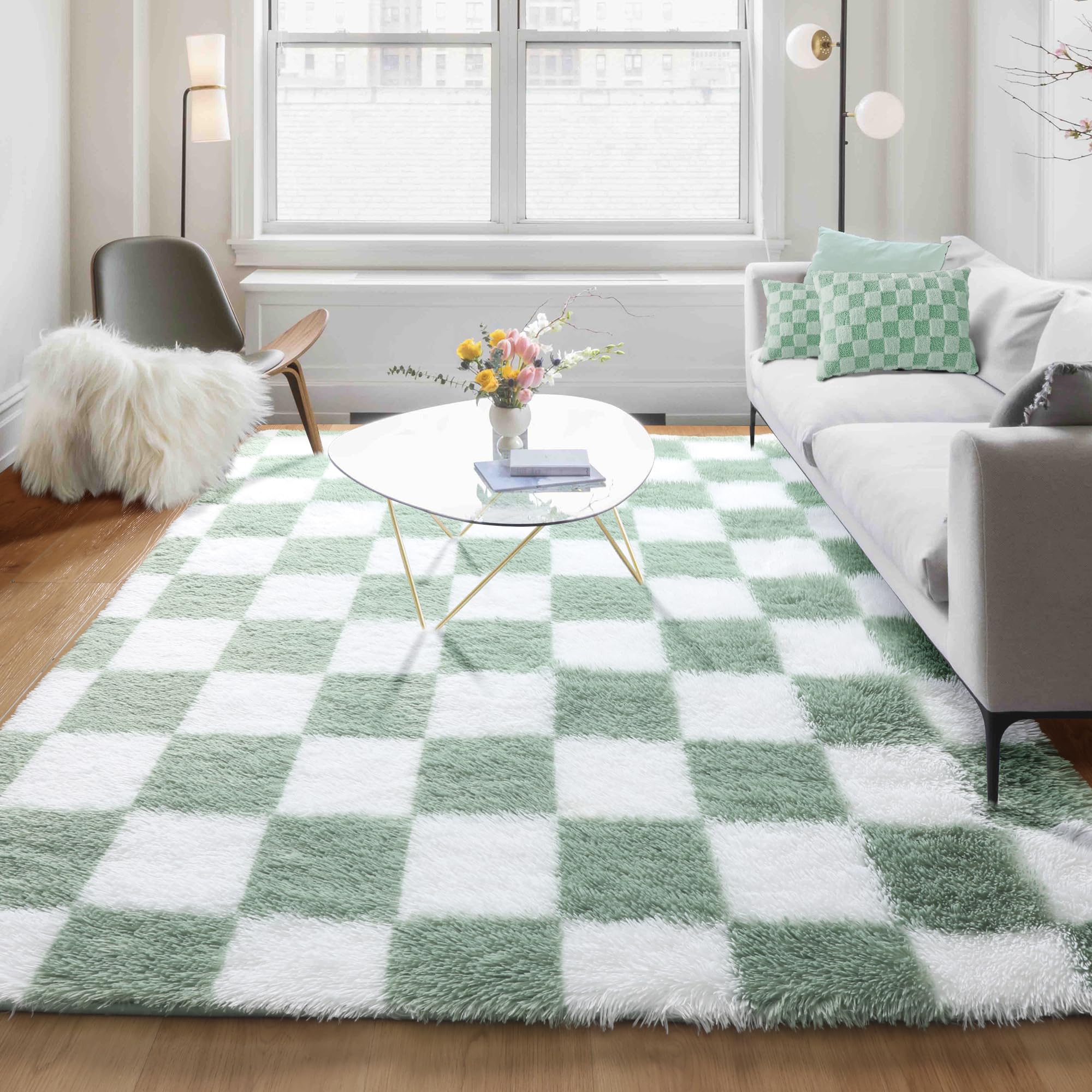 KICMOR Fluffy Sage Green and White Rugs Living Room Carpet, 5x7 Large Fuzzy Checkered Shag Area Rug for Bedroom Aesthetic, Furry