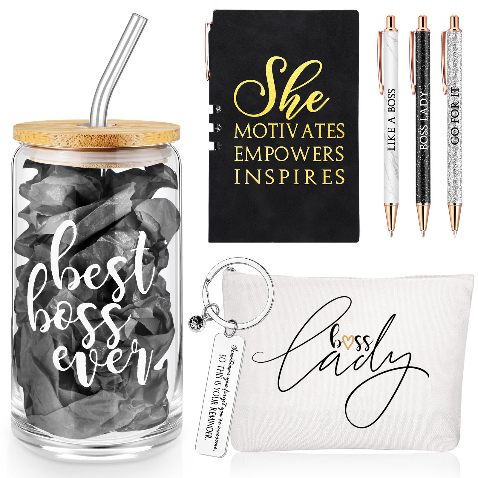 SiliFine 7 Pcs Boss Day Gift Sets Lady Thank You Gifts for Women Best Boss 16oz Glass Cup Makeup Bag Keychain A6 Notepad with 3 
