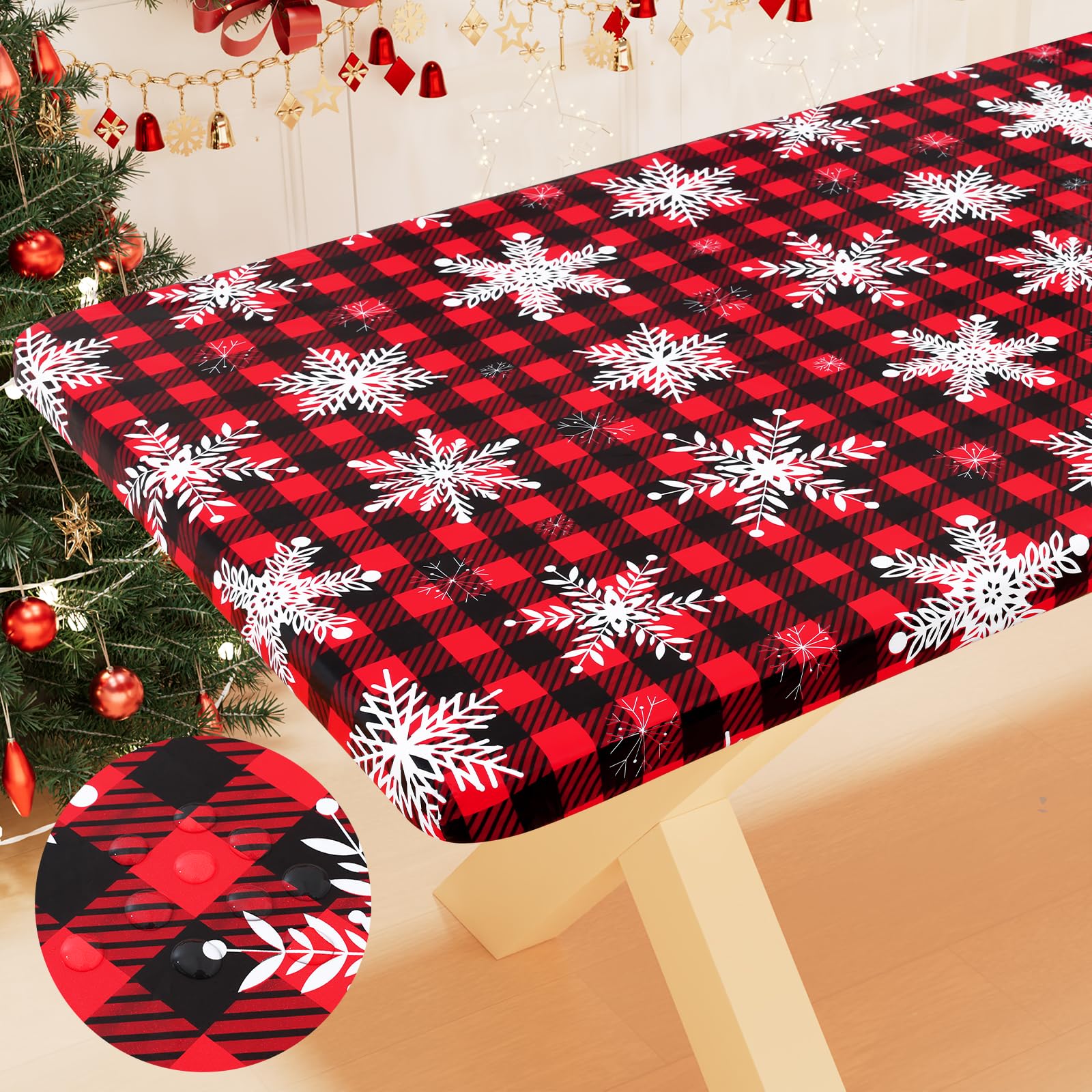 Smiry Plastic Christmas Tablecloth, Buffalo Plaid Waterproof Elastic Fitted Table Covers, Wipeable Flannel Backed Vinyl Tableclo