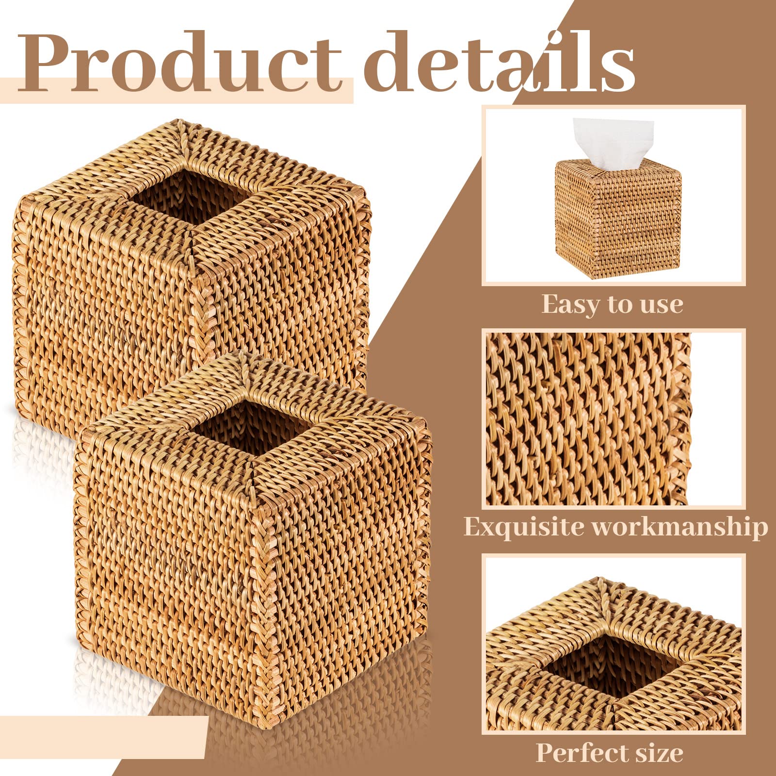 Kigley 2 Pcs Square Rattan Tissue Box Cover Boho Wicker Tissue Cube Box Cover Decorative Natural Wicker Hand Woven Napkin Box Ho
