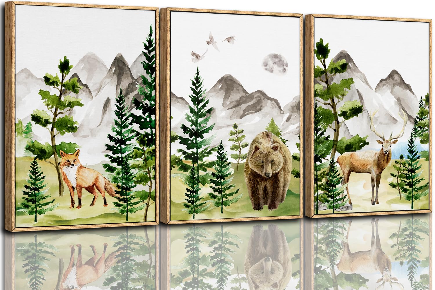Chditb Watercolor Forest Animal Nursery Wall Art, Framed Canvas Mountain Wall Decor, Nature Woodland Landscape Wall Painting, Fo