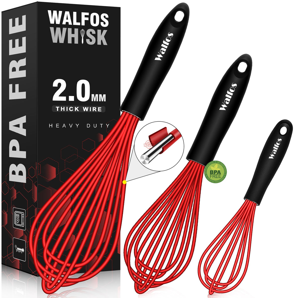 Walfos Whisk,Silicone Whisks- Heat Resistant(480F) Silicone Whisks For Cooking Non Scratch,Bpa Free And Dishwasher Safe.Perfect
