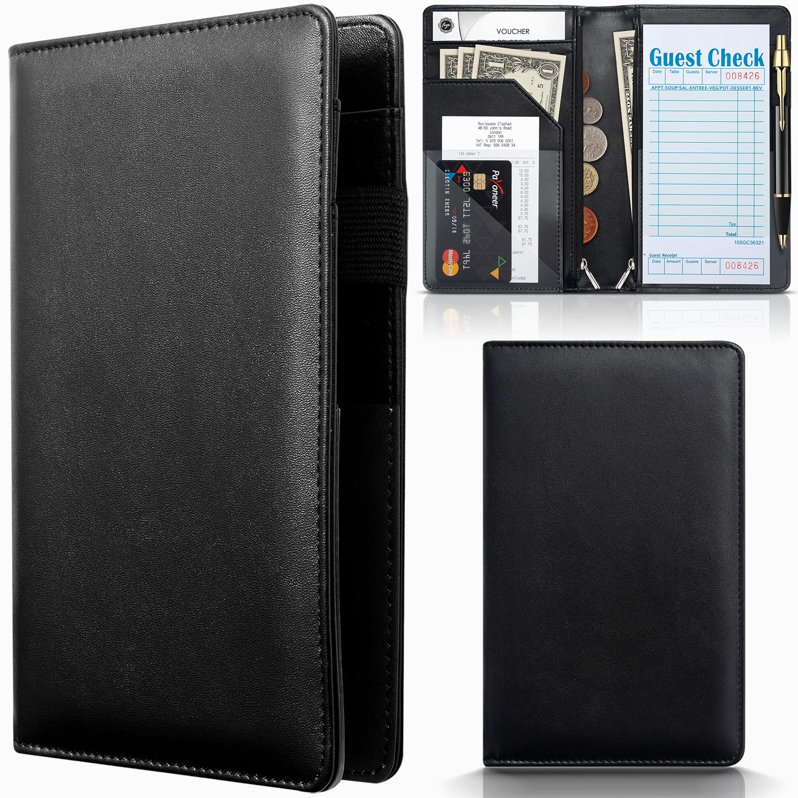Server Book with 2 Zipper Pockets  Leather Server Books for Waitress  Waiter Book  Durable Waitress Book with Money Pocket and Zipper  Waiter Wallet Server Booklet Fit Server Apron (Grass Green)