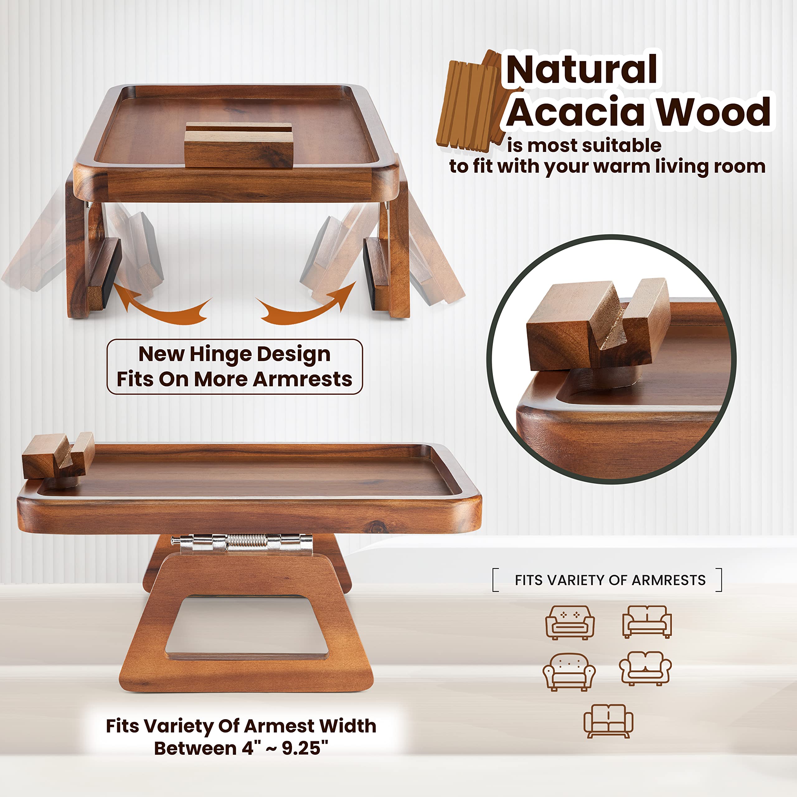 Tinamo Acacia Wood Sofa Armrest Tray -Sofa Arm Tray Table Clip - Couch Arm Table For Wide Couches - Wooden Side Tables 360Rotati