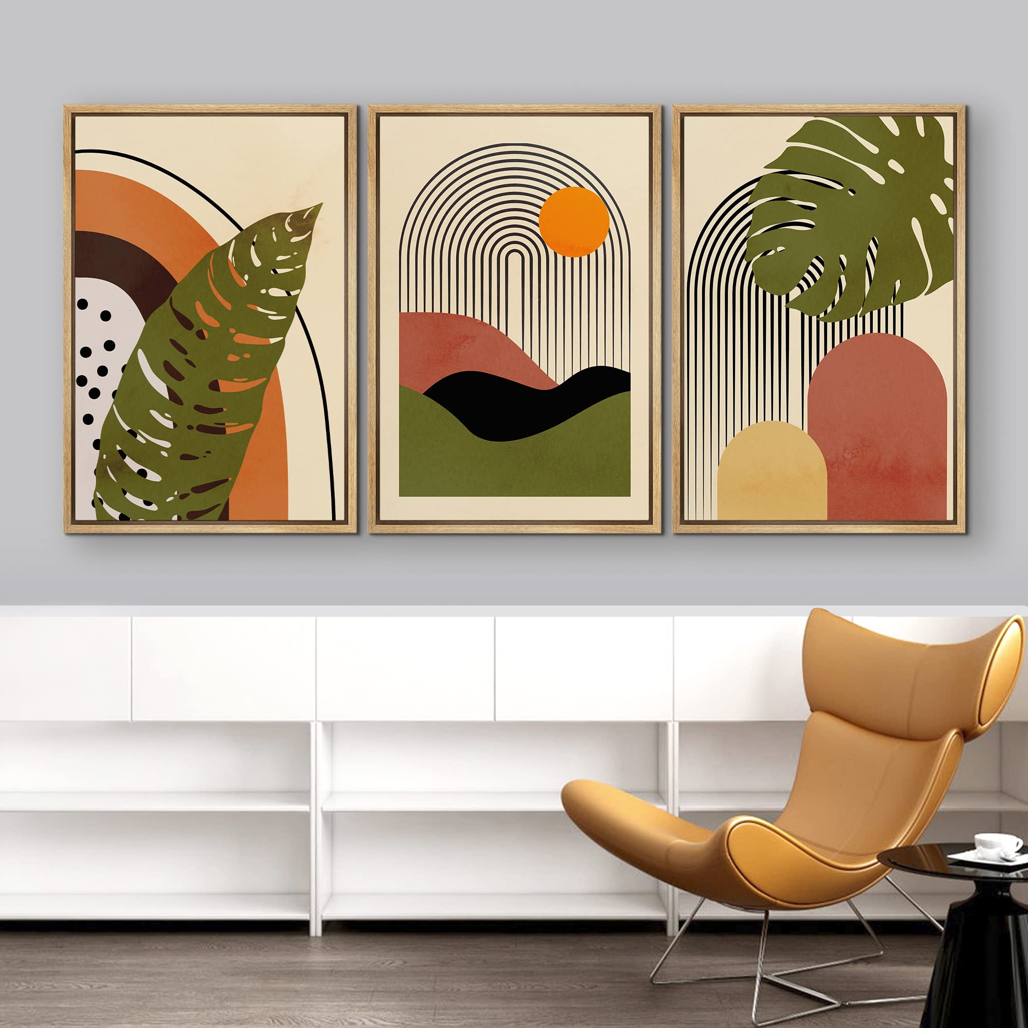 Idea4Wall Framed Canvas Print Wall Art Set Mid-Century Tropical Palm Leaf Landscape Abstract Nature Illustrations Modern Art Nor