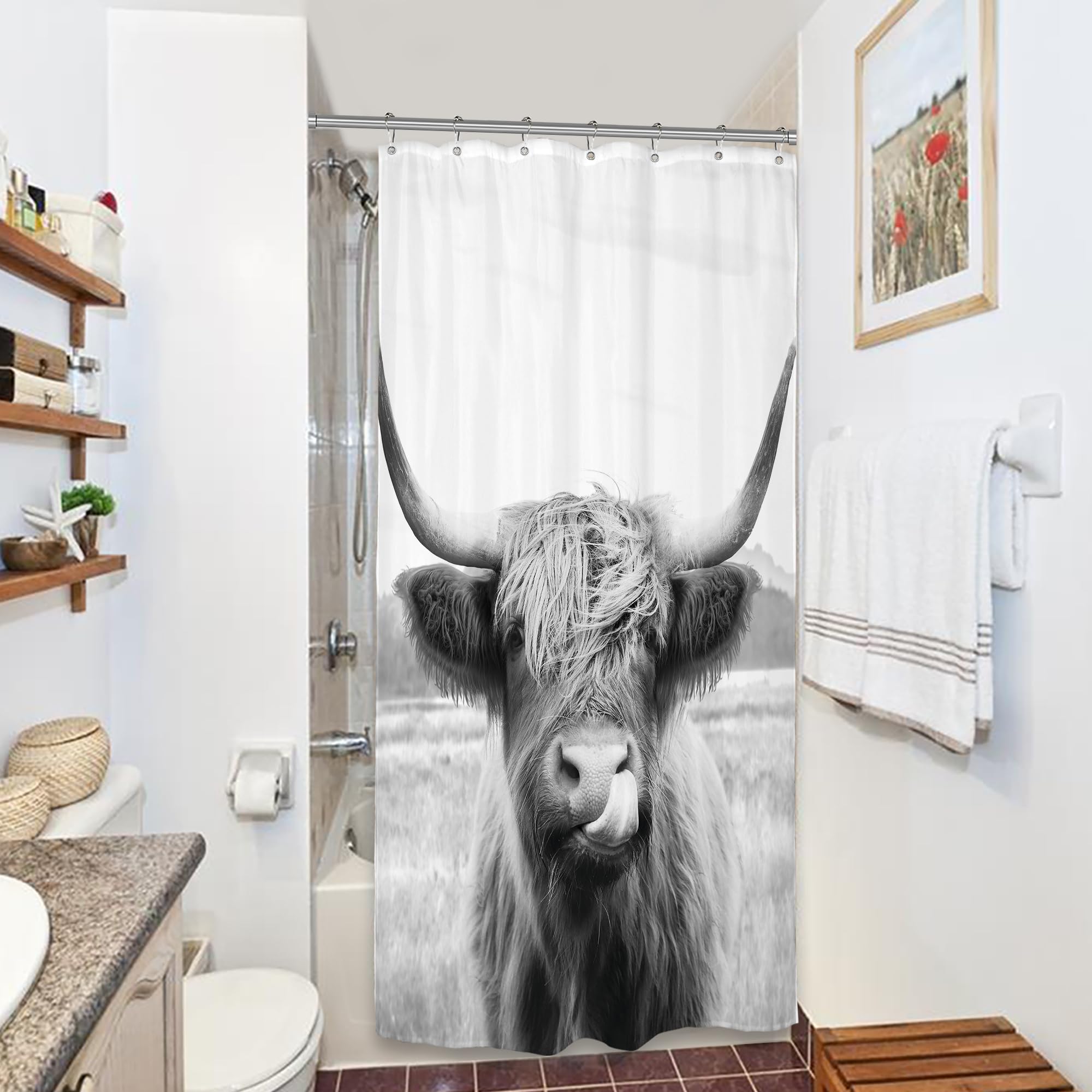 Riyidecor Small Stall Highland Cow Bull Shower Curtain 36Wx72H Inch Farmouse Western Animal Wildlife Funny Cute Sketch Waterproo