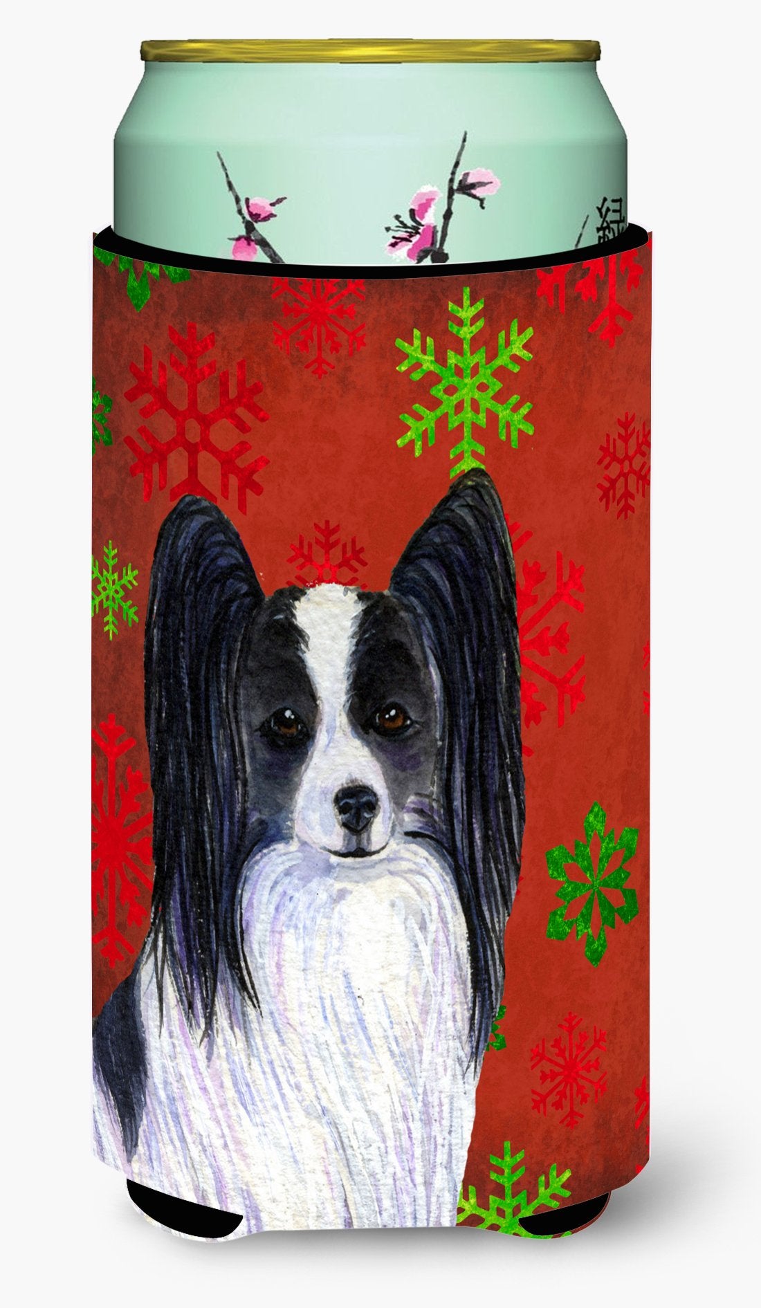 Caroline'S Treasures Ss4712Tbc Papillon Red And Green Snowflakes Holiday Christmas Tall Boy Hugger Can Cooler Sleeve Hugger Mach