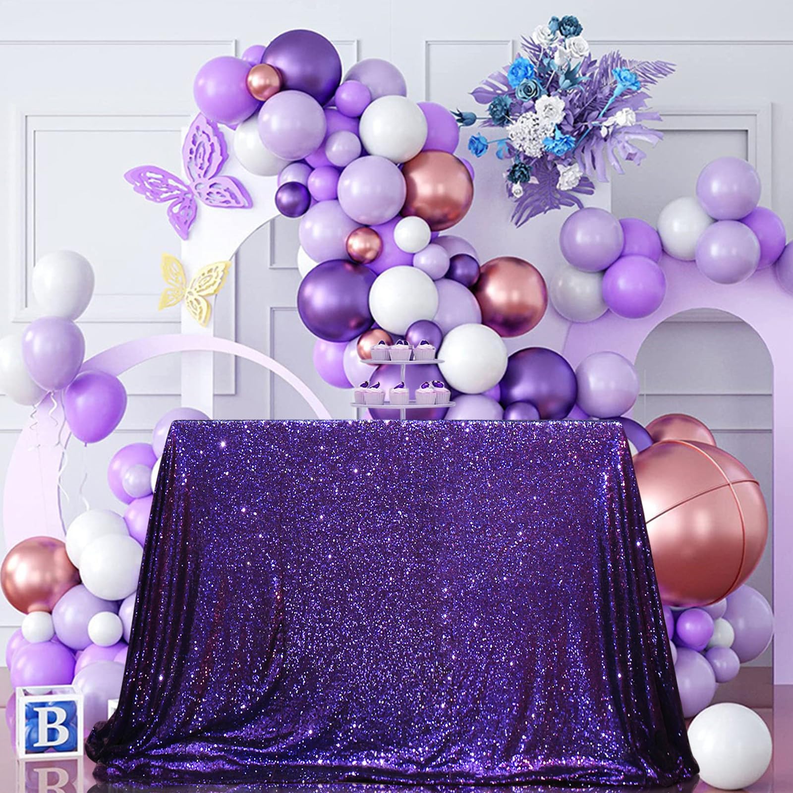 PartyDelight Sequin Tablecloth Purple Sparkly Table Cloth Rectangular 50x80