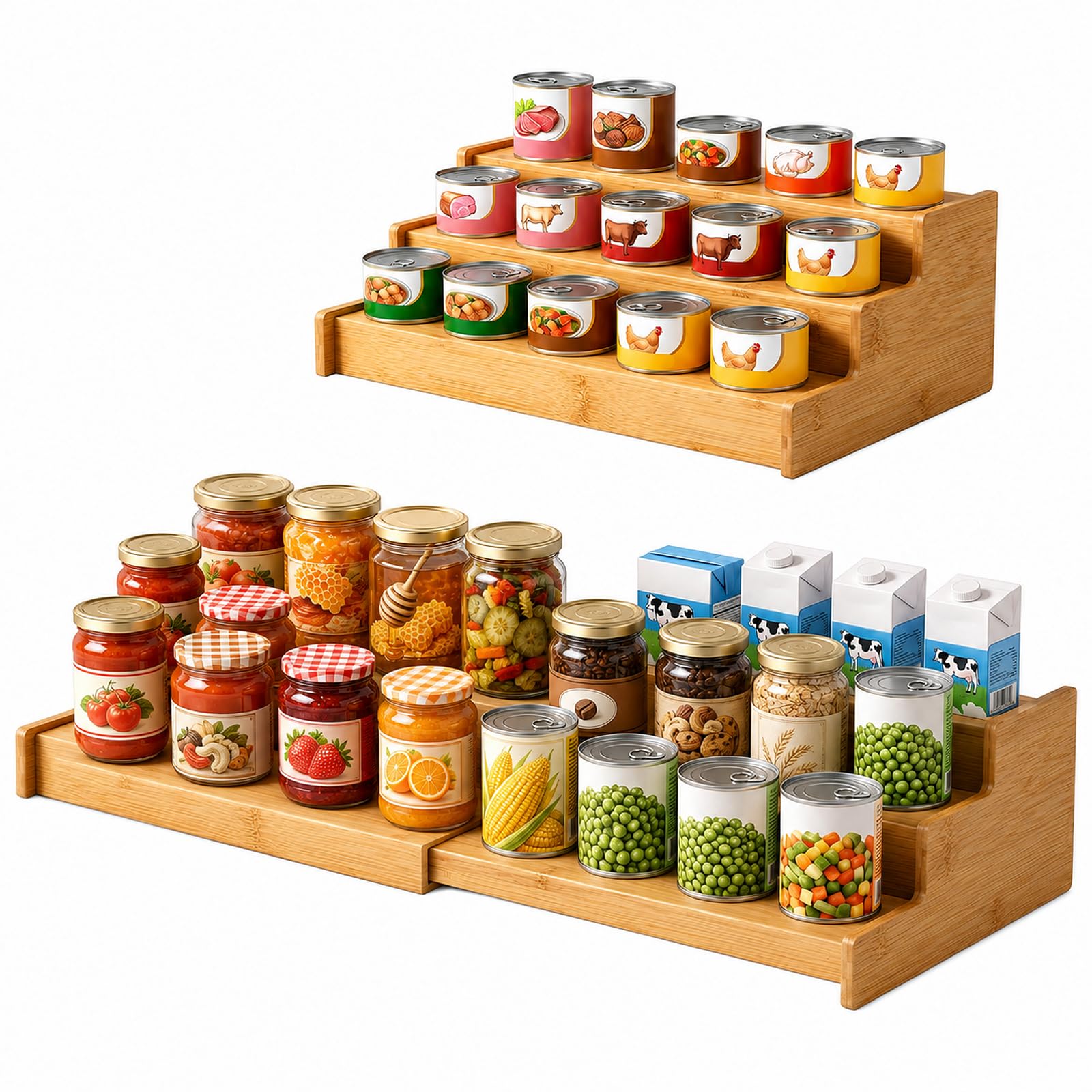 Risirica 3Tier Expandable Bamboo Can Rack Organizer for Cabinet & Pantry