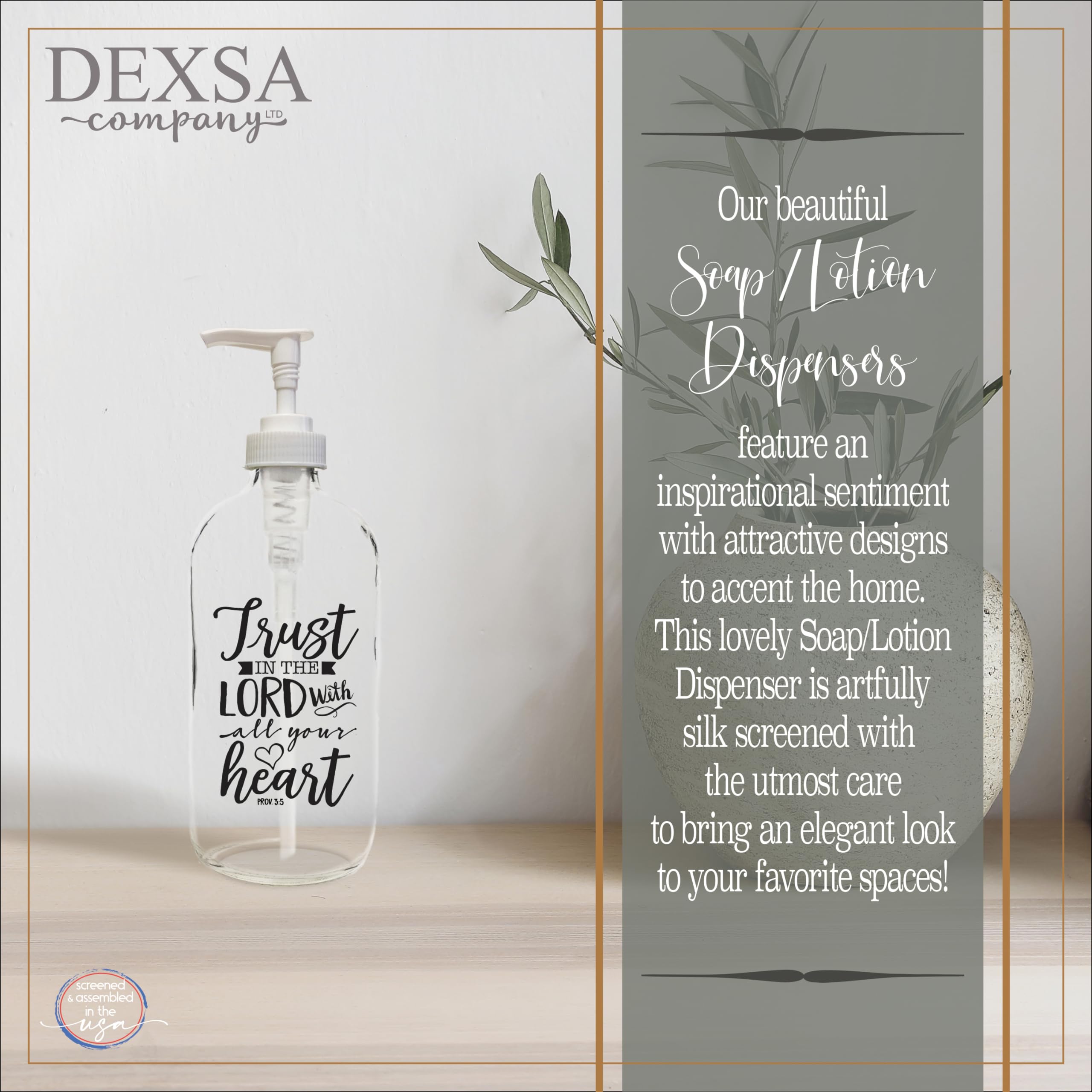 Dexsa 16 Oz Glass Soap Dispenser - Trust In The Lord With All Your Heart. Prov. 3:5