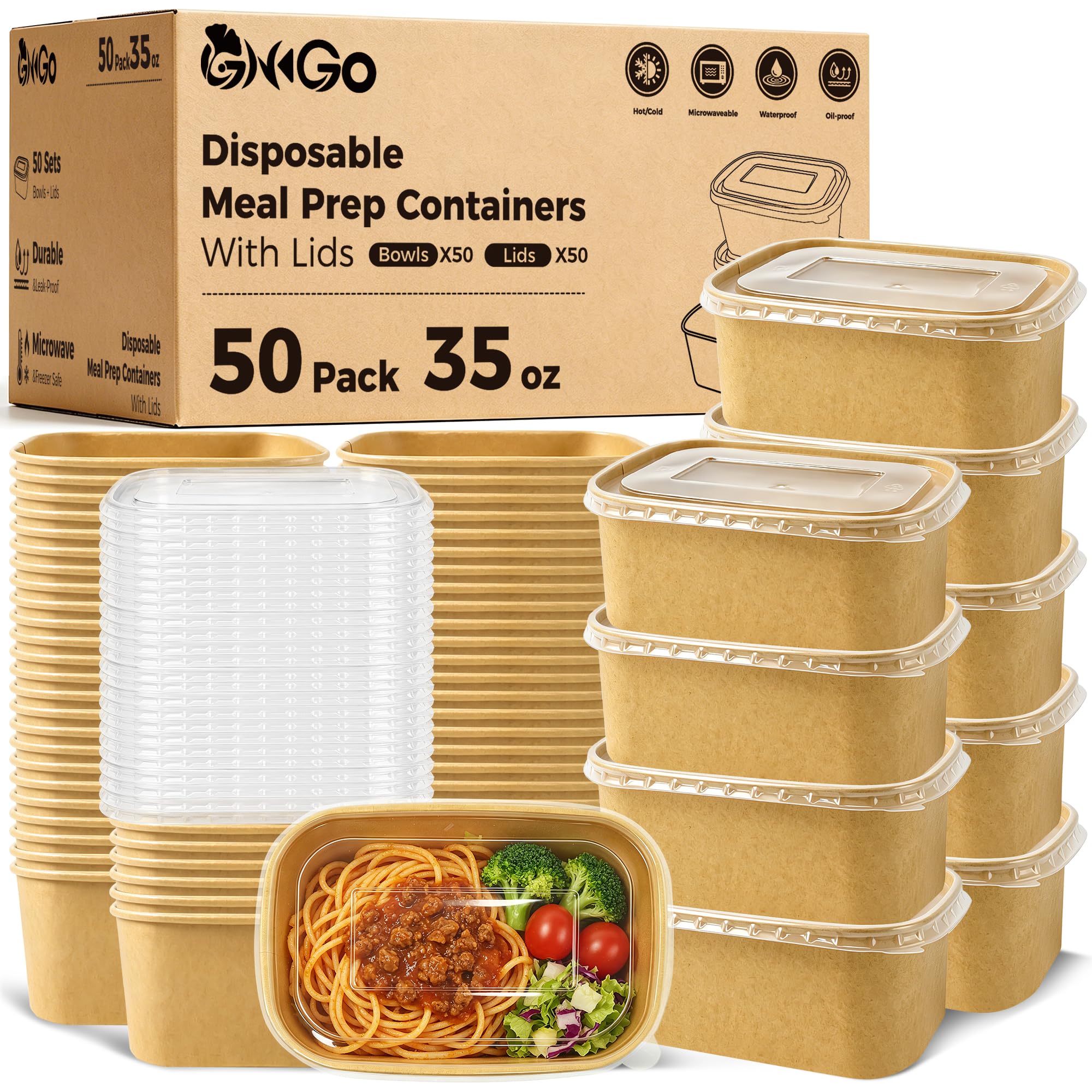 Ginkgo 50 Pack (100Pieces) 35 oz Meal Prep Containers with Lids