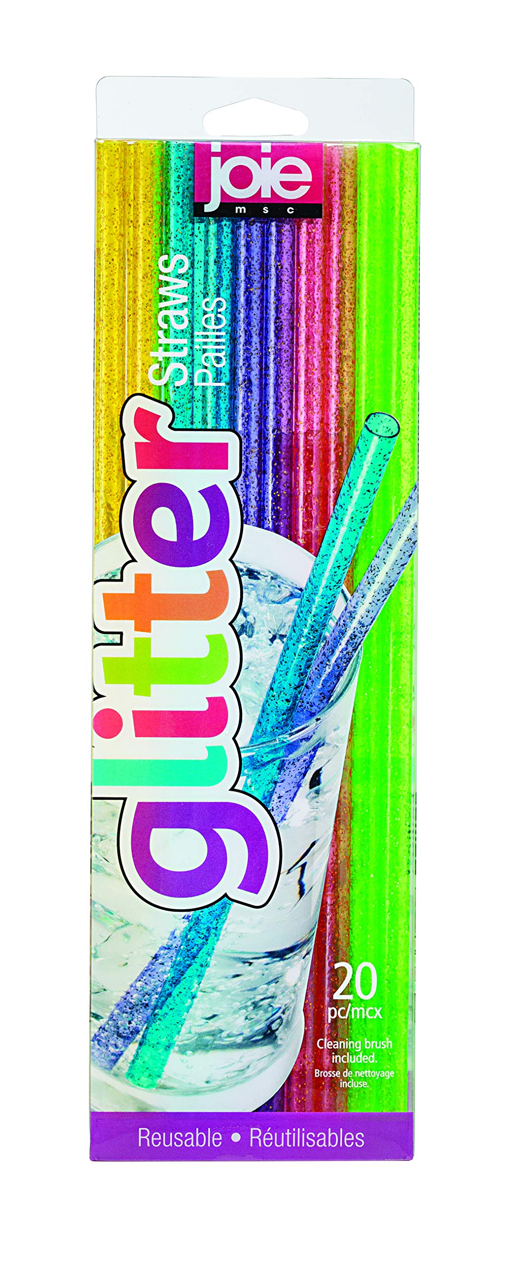 Joie Reusable Plastic Straws - 20-Piece Glitter Straw Set With Cleaning Brush, Colorful, Bpa-Free, Eco-Friendly, Dishwasher Safe