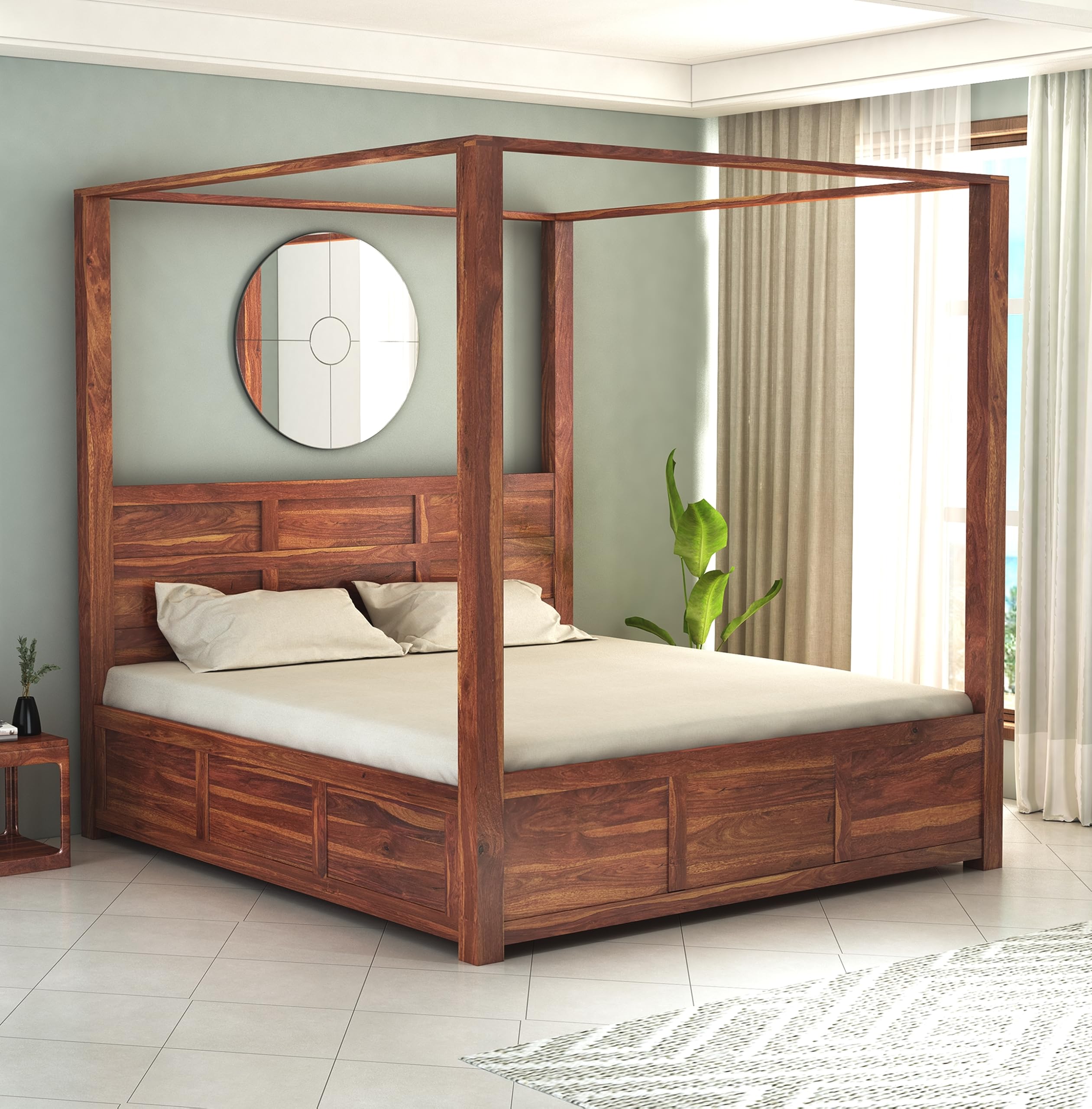 Strata Furniture Solid Sheesham Wood King Size Poster Bed With Storage Wooden Double Bed For Bedroom Living Room Home (Natural F