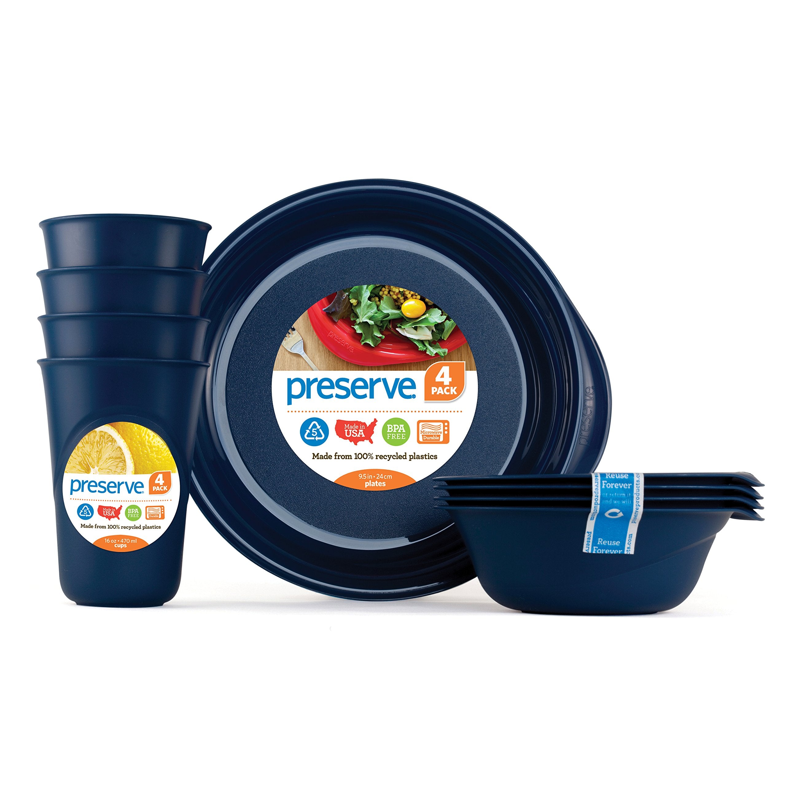 Preserve Reusable Bpa Free Everyday Tableware Set Made From Recycled Plastic: 4 Plates, 4 Bowls, 4 Cups, Midnight Blue