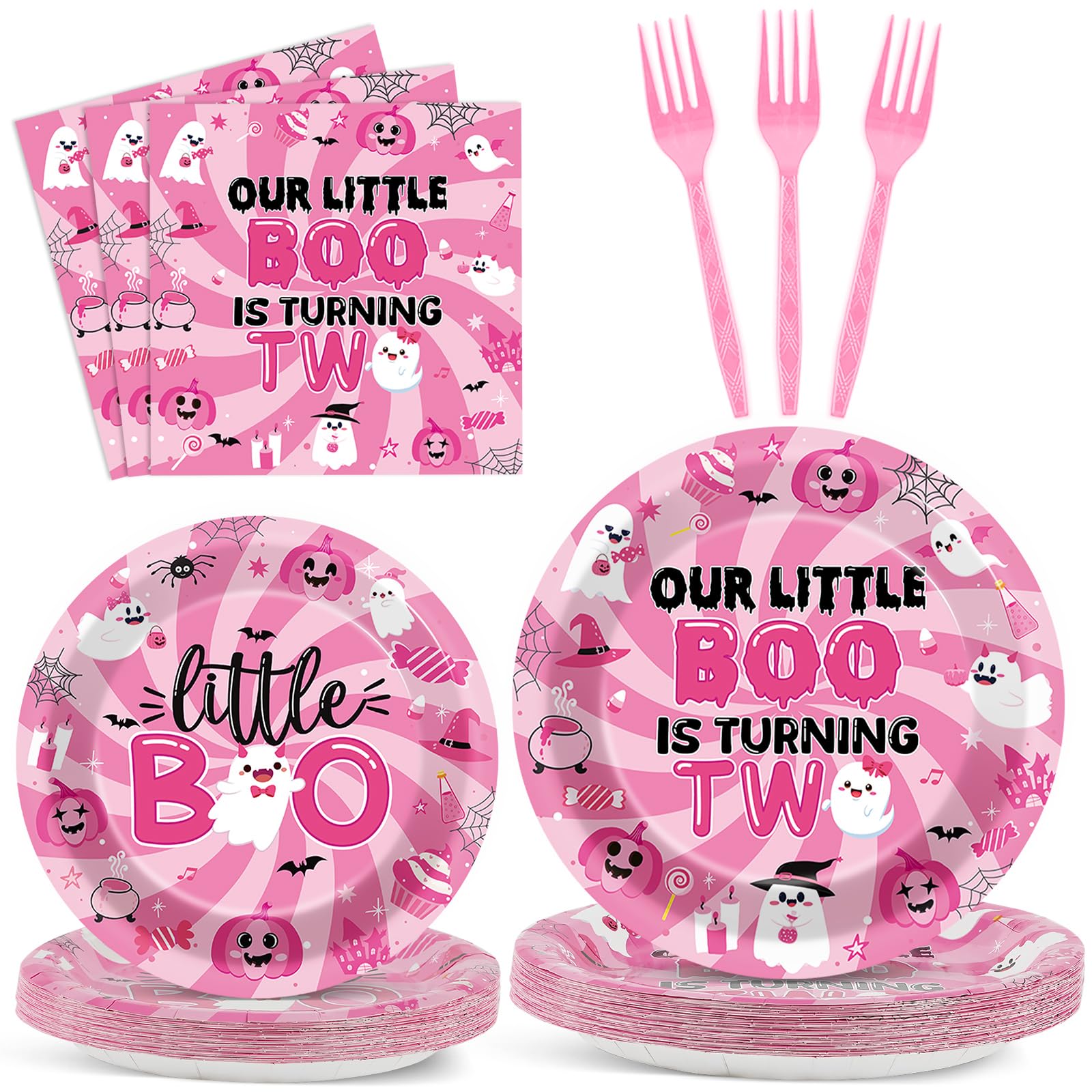 96Pcs Halloween Pink Ghost Party Supplies Boo 2Nd Birthday Paper Plates Napkins Our Little Boo Is Turning Two Party Decoration S