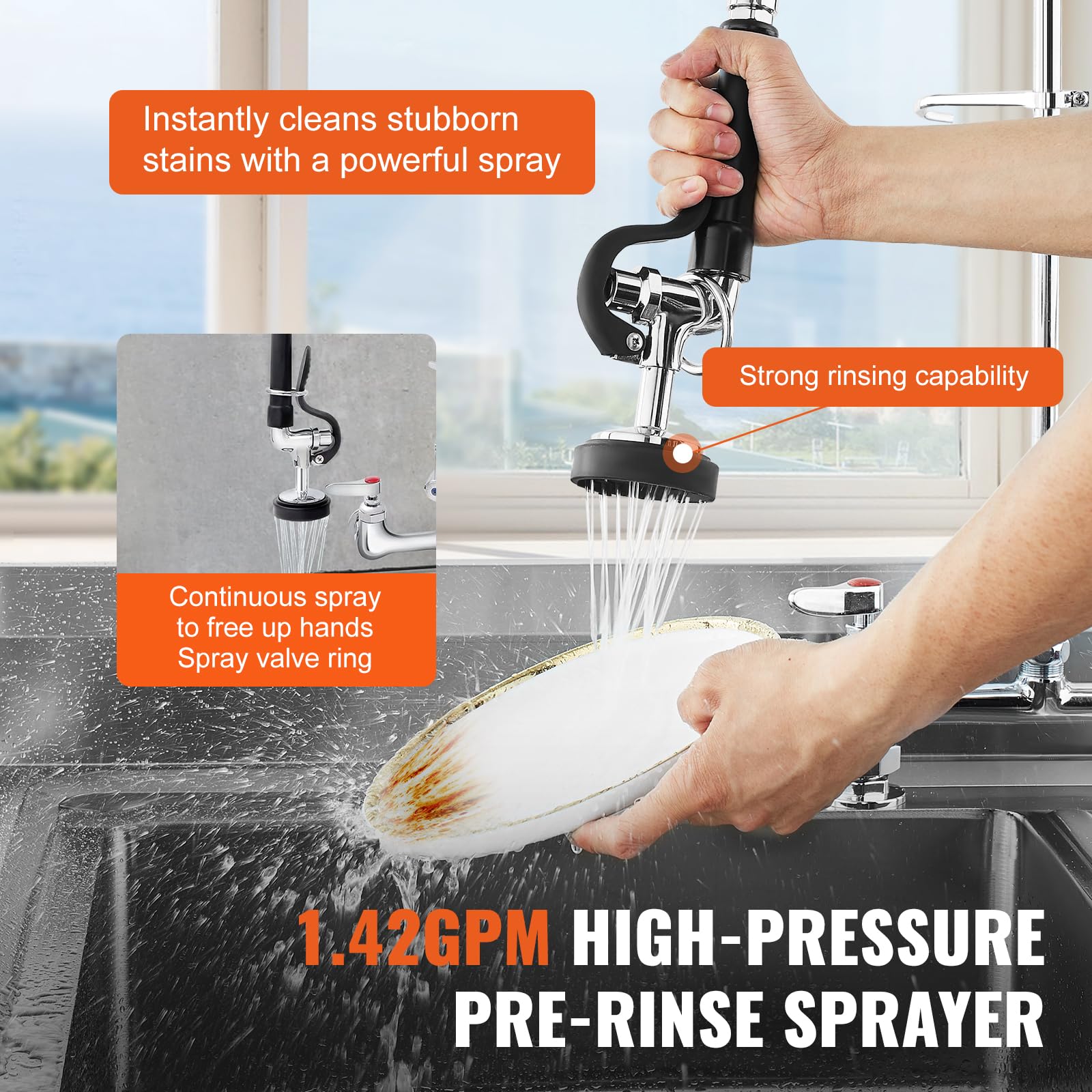 Vevor Commercial Faucet With Pre-Rinse Sprayer, 44'' Height, 8'' Center, 12'' Swing Spout, Deck Mount Kitchen Sink Faucet, Brass