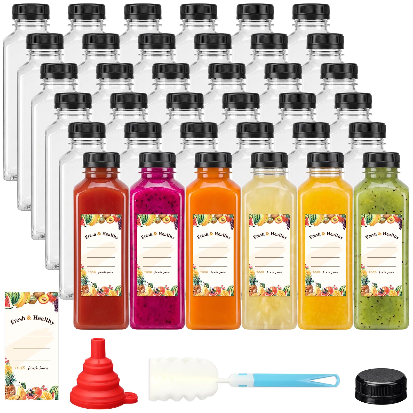 Moretoes 42pcs 16oz Plastic Juice Bottles with Caps, Reusable Juicing Bottles with Lids, Clear Containers for Smoothies and Othe