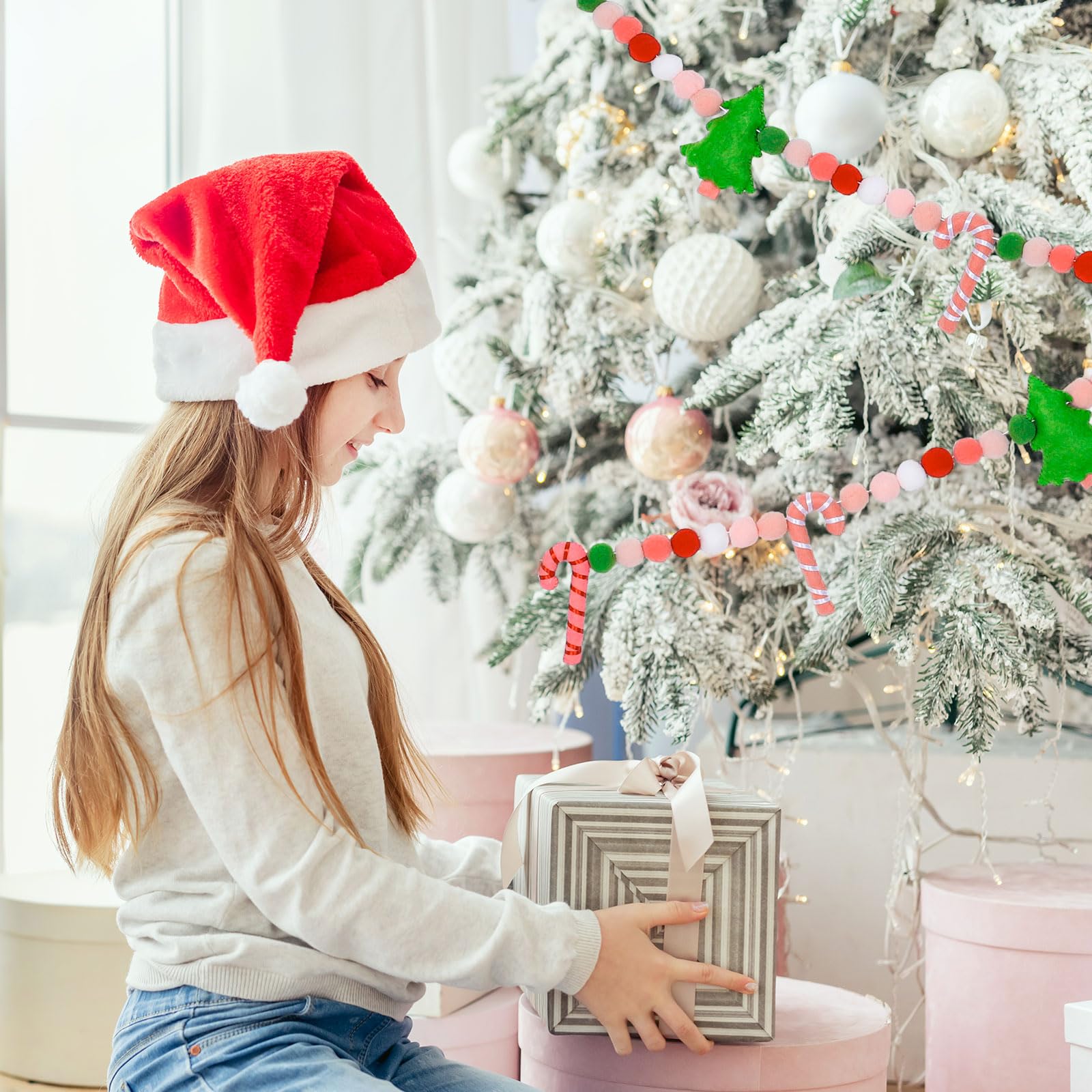 Whaline 8.2Ft Christmas Boho Felt Banner Xmas Tree Candy Cane Pom Pom Ball Pre-Strung Banner Pink Hanging Garland Ornament for H