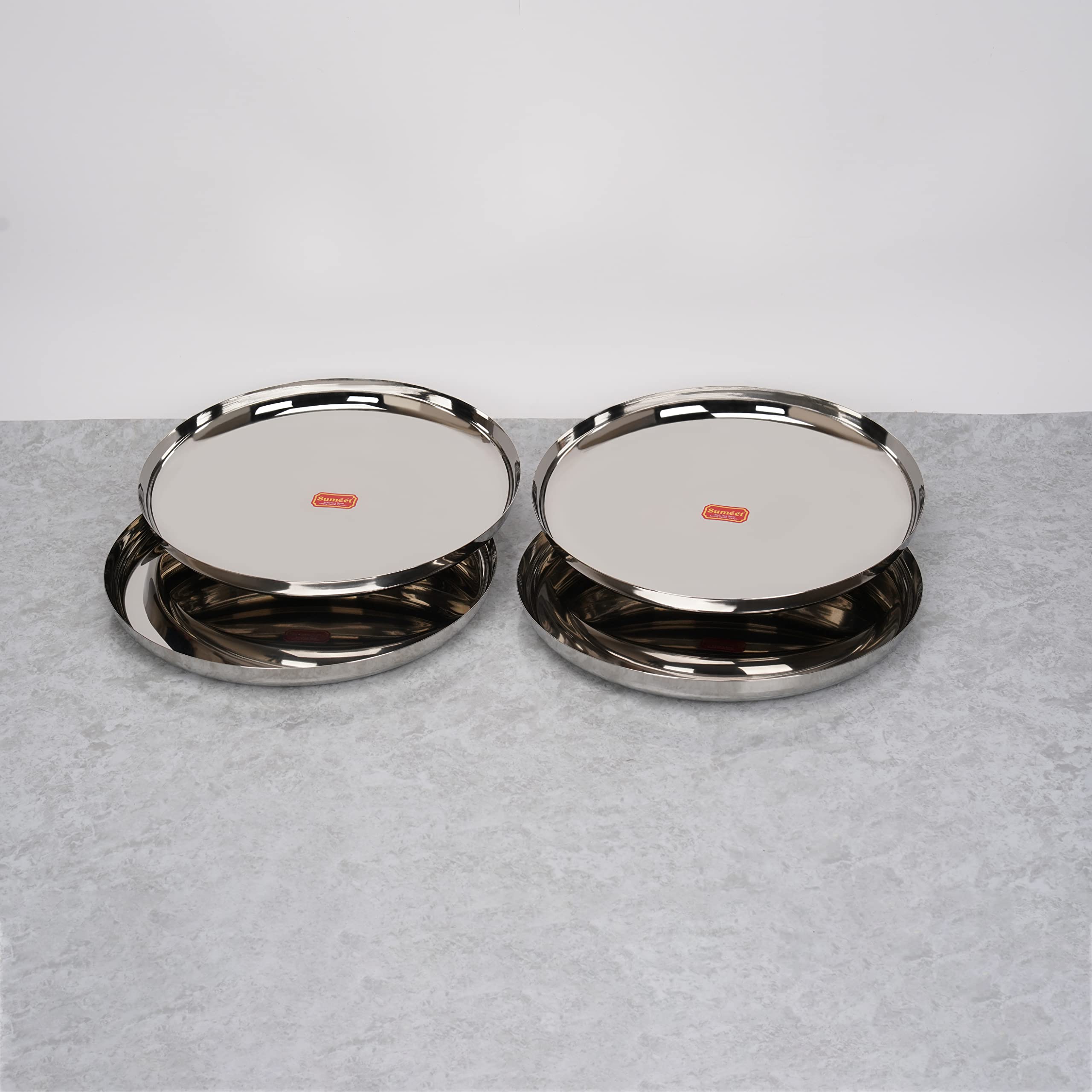 Sumeet Stainless-Steel Apple Shape Heavy Gauge Dinner Plates with Mirror Finish-34.6cm Dia, Set of 4pc, Silver