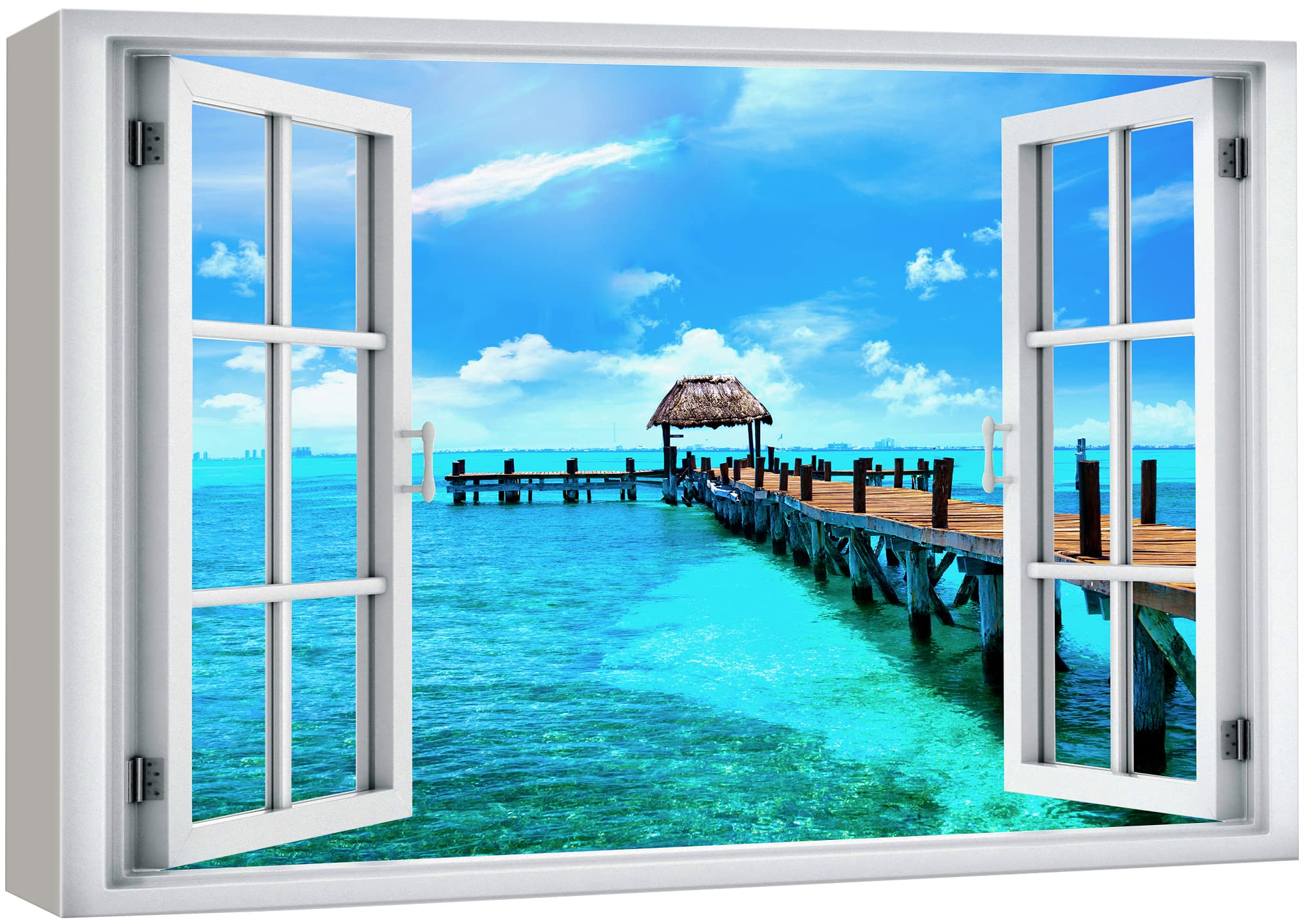 Wall26 Canvas Print Wall Art Window View Tropical Island Beach Pier Hawaii Tahiti Wilderness Nature Photography Realism Scenic L