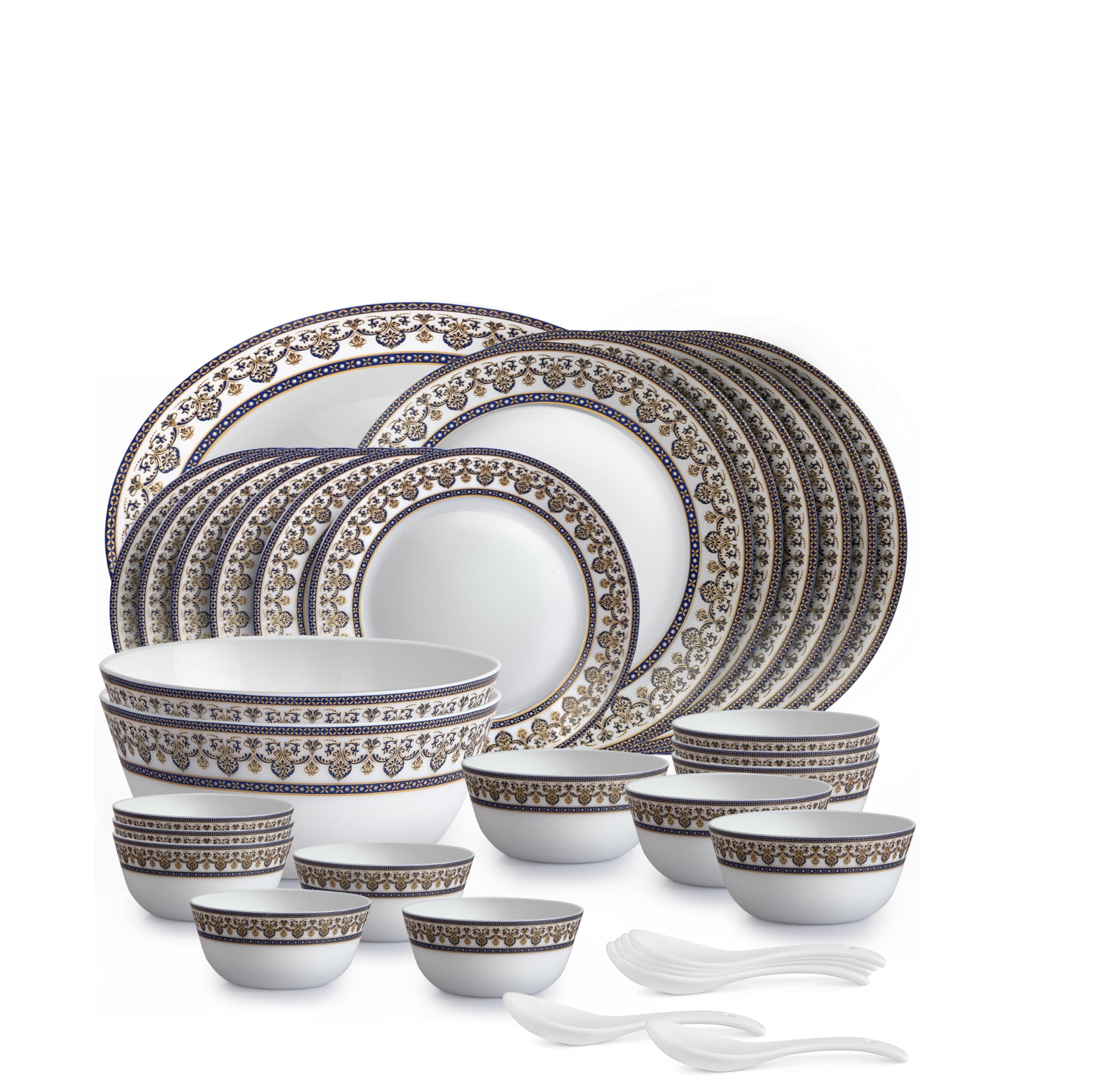 Cello Opalware Solitaire Series Blu Dinner Set, 33 Units | Opal Glass Dinner Set For 6 | Crockery Set For Festive Ocassions, Par