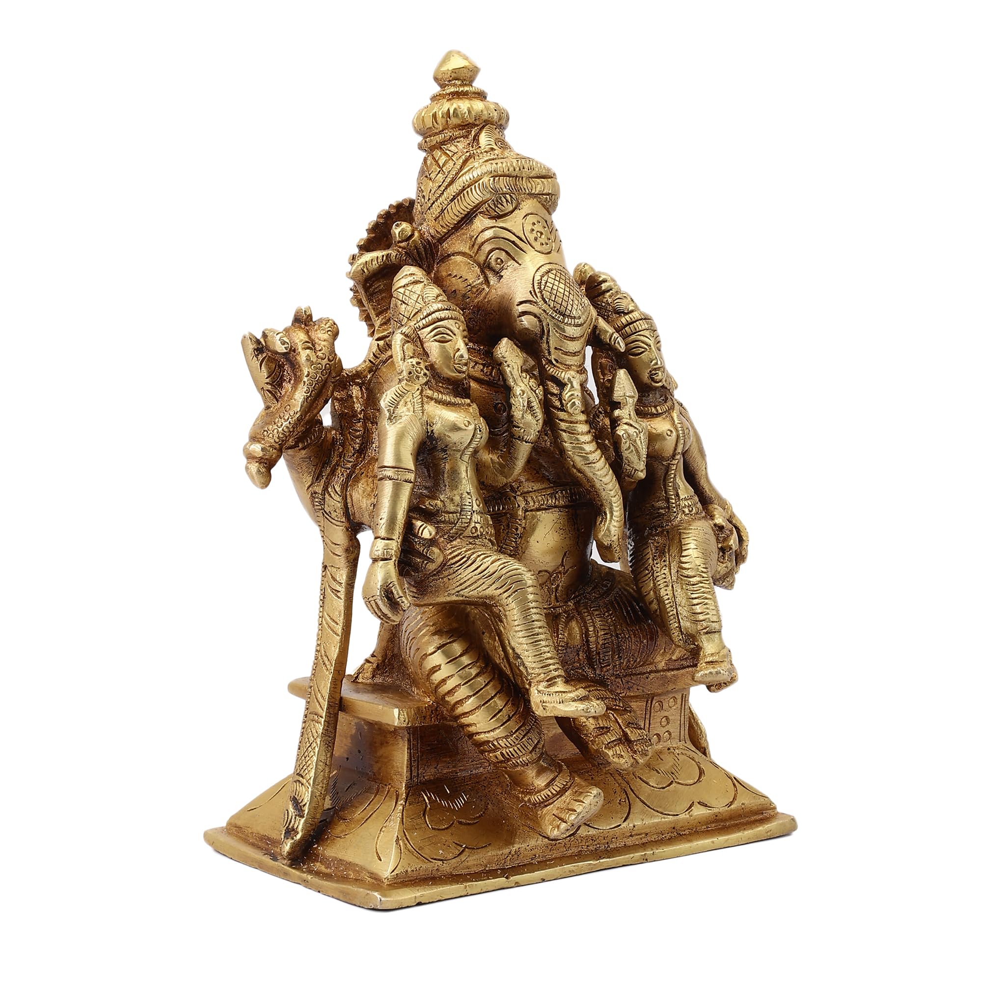 Try Feet Exquisite Divine Ganesh Statue With His Consorts Ridhi Sidhi, Traditional Hindu Religious Sculpture, Decorative Home Te