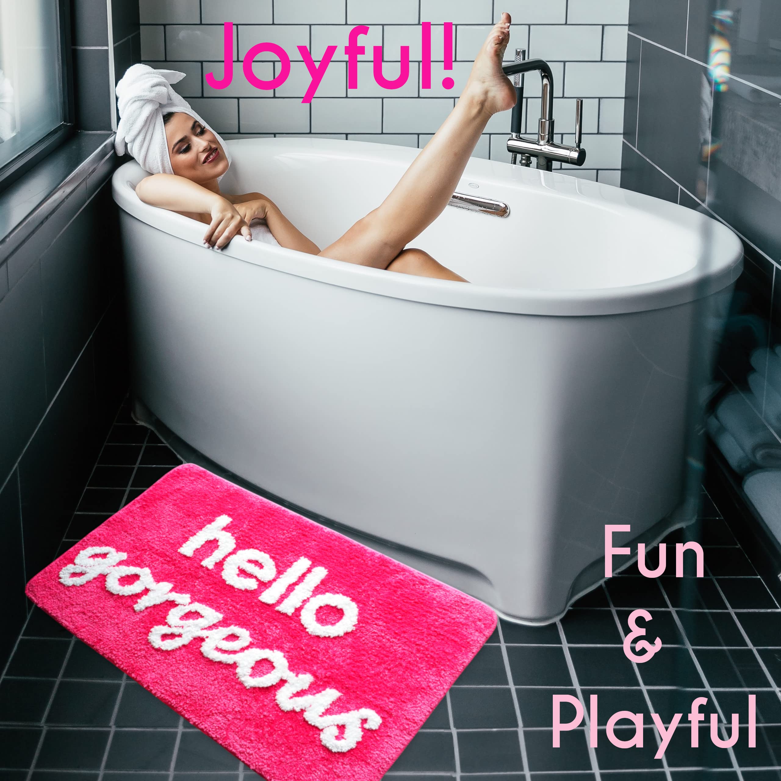 Hello Gorgeous Bath Mat Hot Pink Dark Magenta Fuchsia Blush Peach Coral Cute Beautiful Bathroom Rugs for Girls You Look Good Gorgeous Funny Shower Fun Bathroom Decor Non-Slip Washable Kids Women