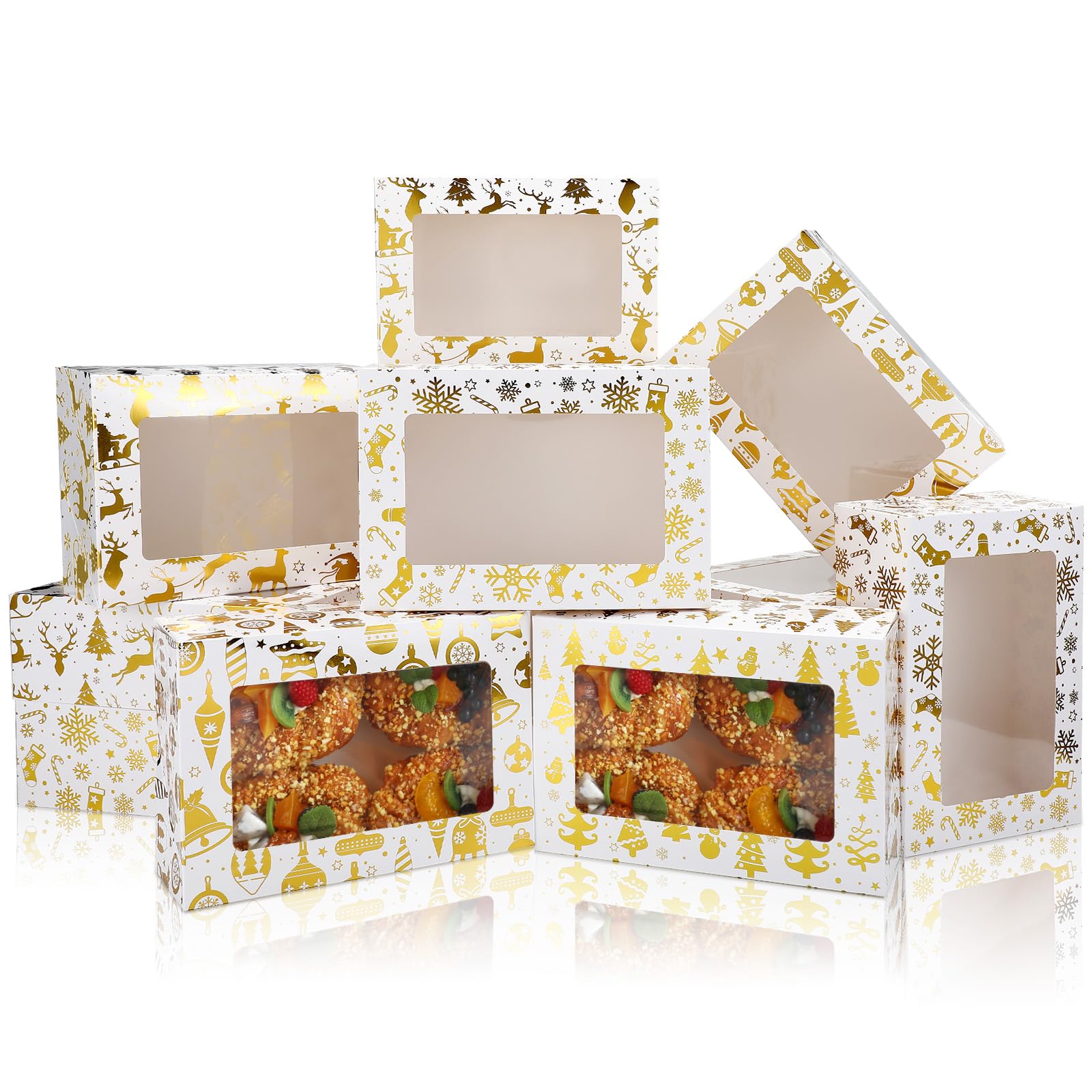 Honoson 24 Pcs Christmas Cookie Boxes with Window 9 x 6.3 x 3.2 Inch Gold Foil White Bakery Boxes Xmas Snowflake Christmas Tree 