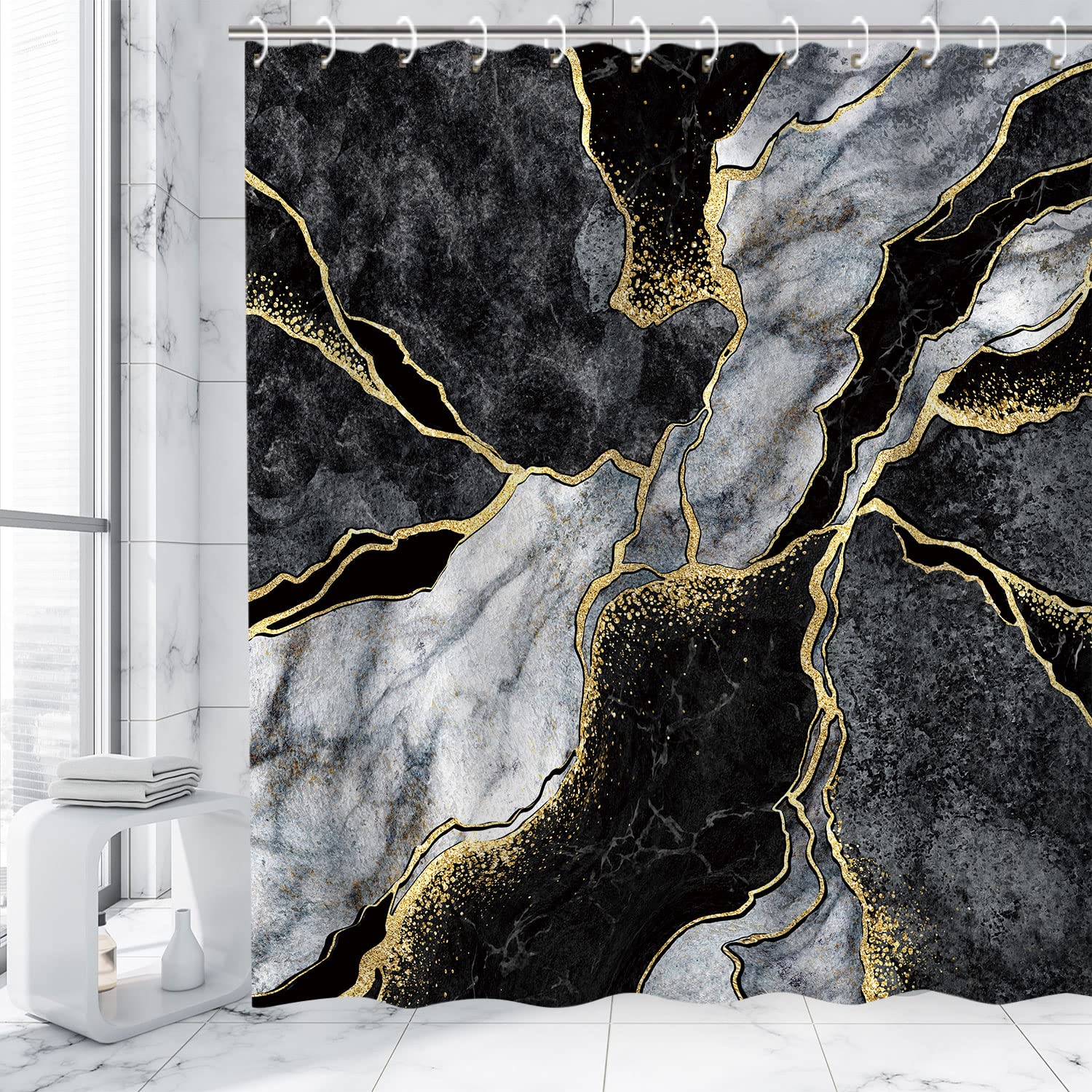 RosieLily Black Shower Curtain  Marble Shower Curtain  Abstract Shower Curtain  Black Marble Shower Curtains Set with 12 Hooks  Black Gray Gold Bathroom Decor  72Wx72H
