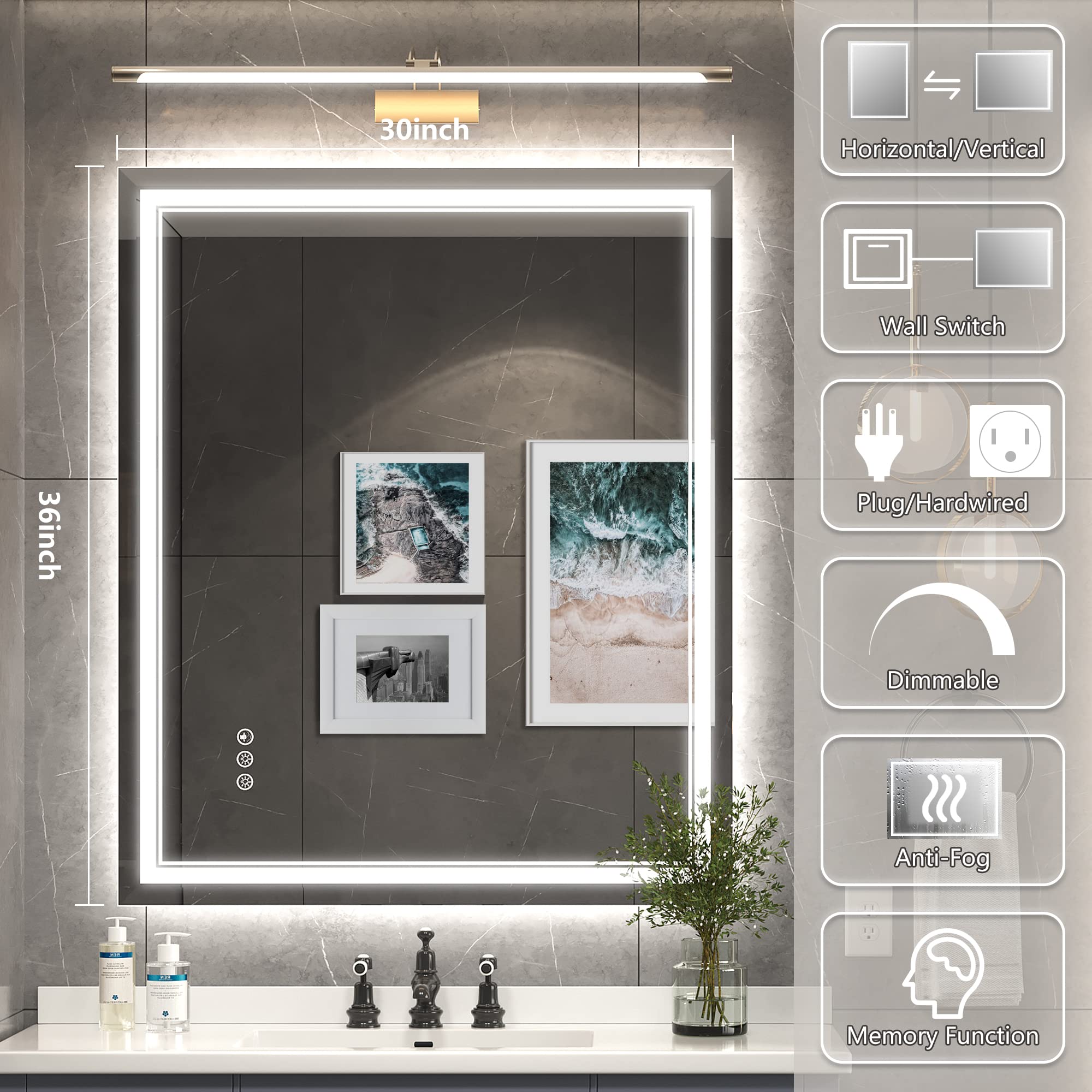 Ratsamee 30X36 Inch Led Mirror For Bathroom With Front Light And Backlit, Dimmable Anti Fog Wall Bathroom Mirror With Led Lights