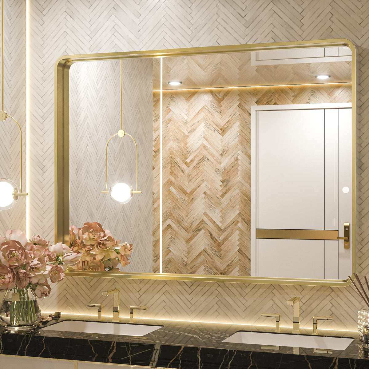 Tetote 40 X 30 Inch Gold Bathroom Mirror, Brushed Brass Metal Frame Mirror For Vanity, Rectangle Wall Mounted Golden Modern Mirr