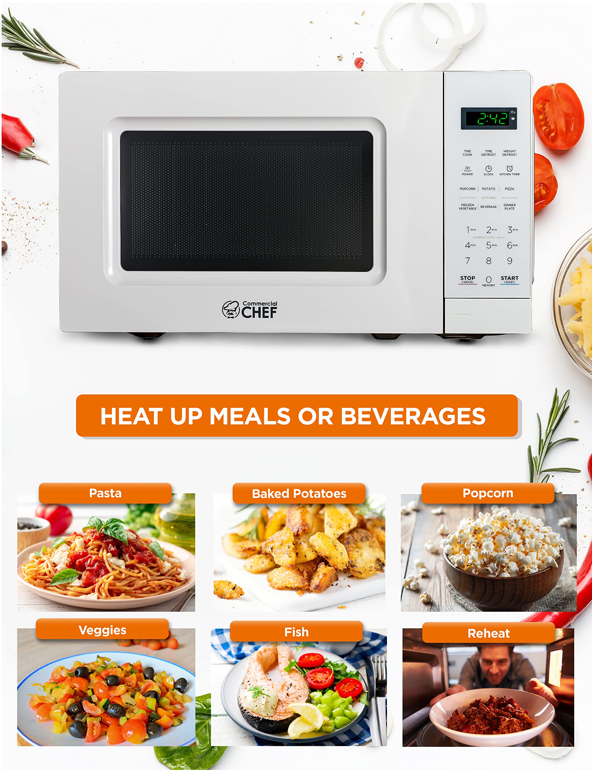 COMMERCIAL CHEF 0.7 Cu Ft Microwave with 10 Power Levels  700W Microwave with Digital Display  Countertop Microwave with Child Safety Door Lock  Programmable with Push Button  White
