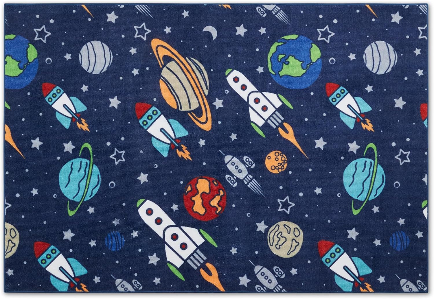 Machine Washable Non Slip Kids Rugs for Living Room & Bedroom - Rocket Galaxy