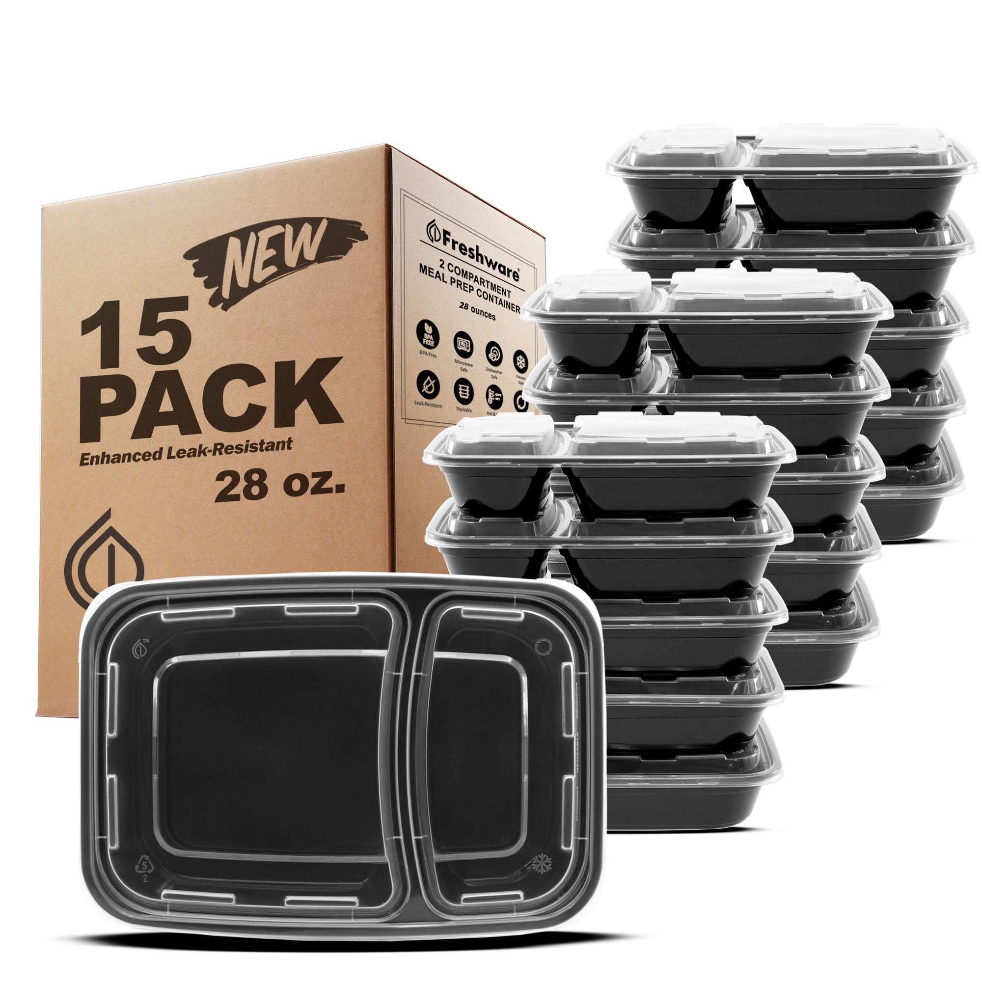 Freshware Meal Prep Containers [15 Pack] 2 Compartment With Lids, Food Storage Containers, Bento Box, Bpa Free, Stackable, Micro