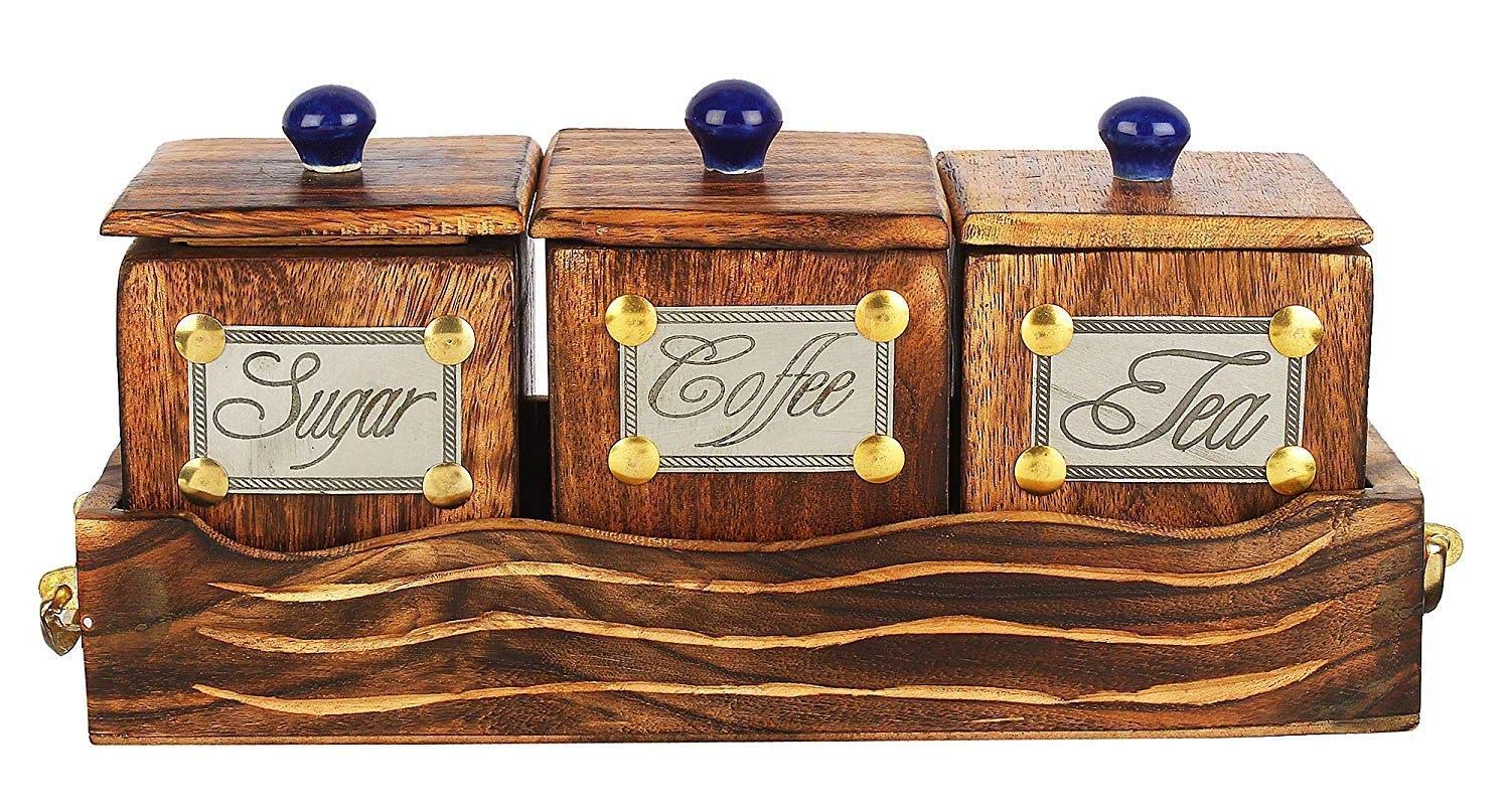 Hs Art Wooden Table Top Large 3 Container Canister Set With Tray And Lid For Tea Coffee Sugar Container 600 Ml