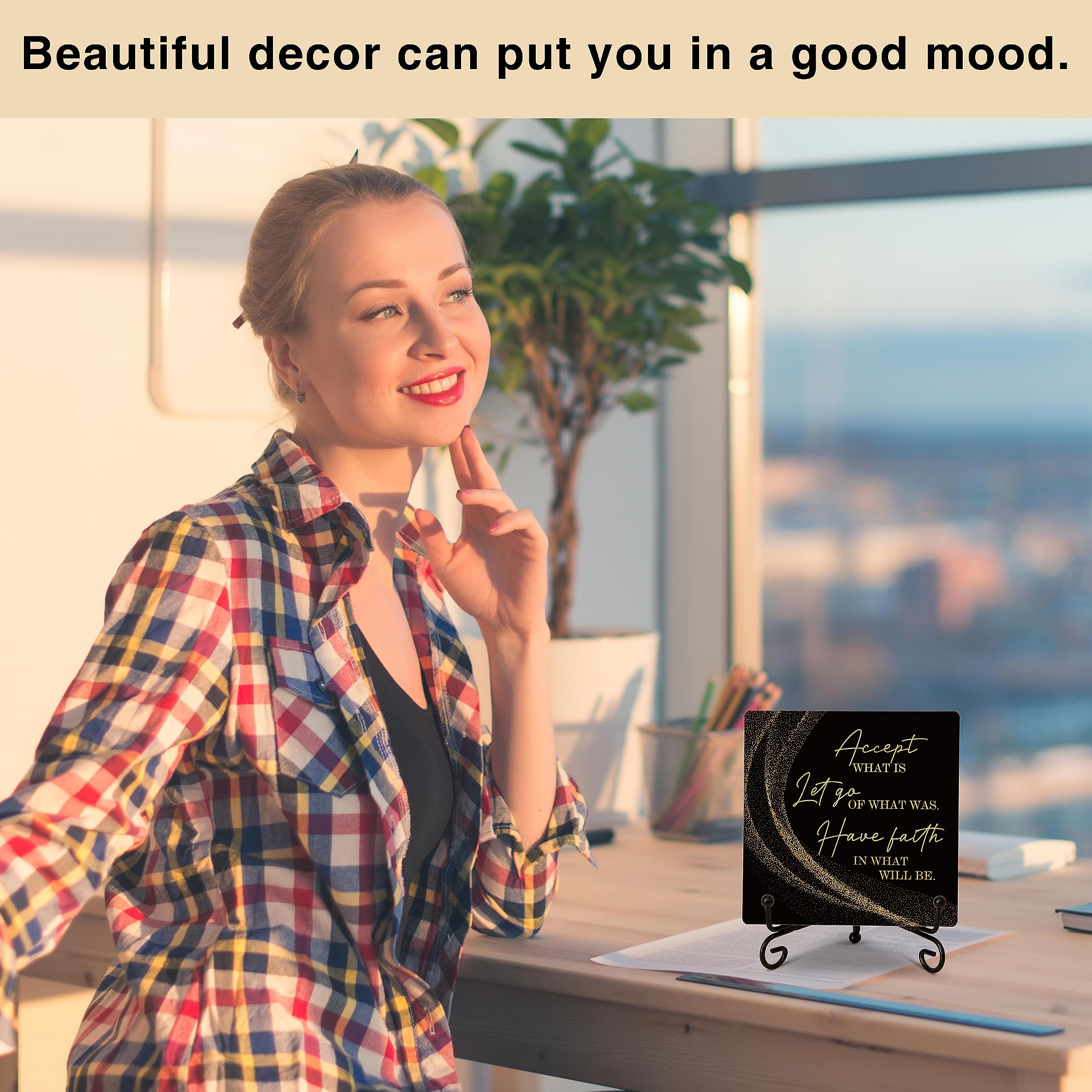 Inspirational Quotes Wood Plaque with Stand - Idea Gifts for Women Men - Black Gold Wooden Decor for Home Office Living Room She