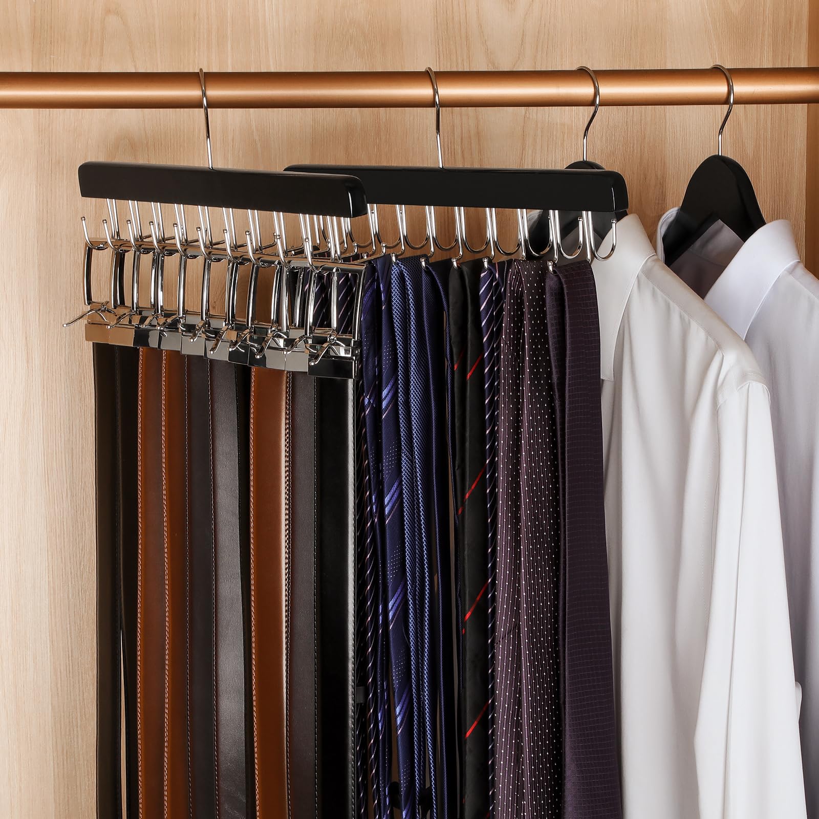 Topia Hanger 2 Pack 2 In 1 Belt Tie Hanger For Closet Max 60 Belts With 60 Ties Capacity, 20 Hooks Belt Tie Racks Wooden Hanger