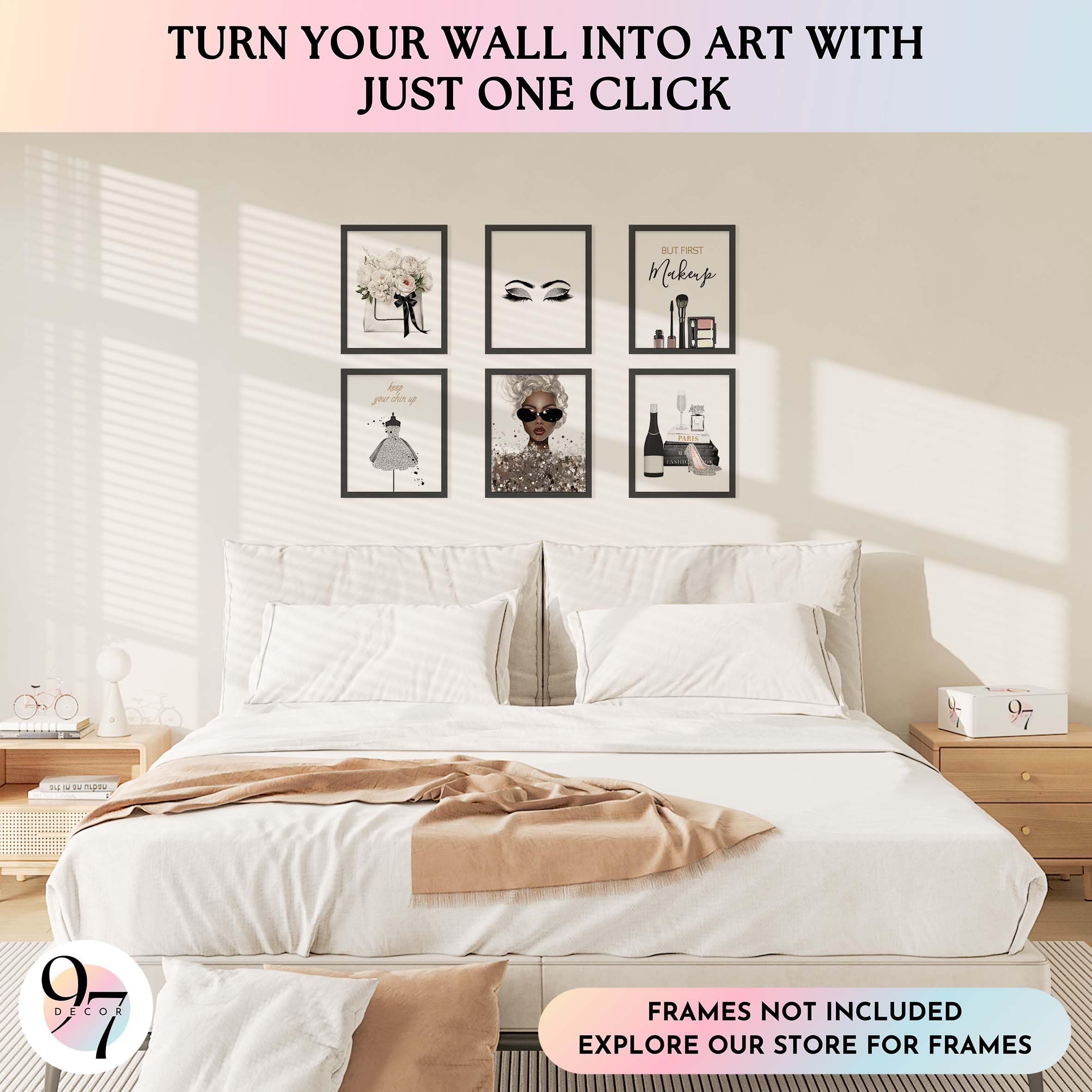 97 Decor Glam Grey Fashion Wall Decor - 6 Pcs Makeup Posters  Silver And Black Glam Wall Art for Women Makeup Room  Silver High Heel Prints  Silver Bedroom Decor for Girls (8x10 UNFRAMED)