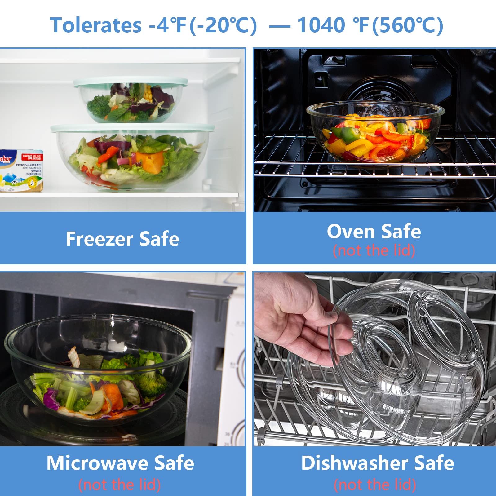 WhiteRhino 8 Piece Glass Bowls with Lids  Heat Resistant Glass Mixing Bowls Set (3.7QT  2.1QT  1.1QT  0.53QT)  Clear Salad Bowls with BAP-Free Lids for Kitchen  Oven Microwave Dishwasher Safe