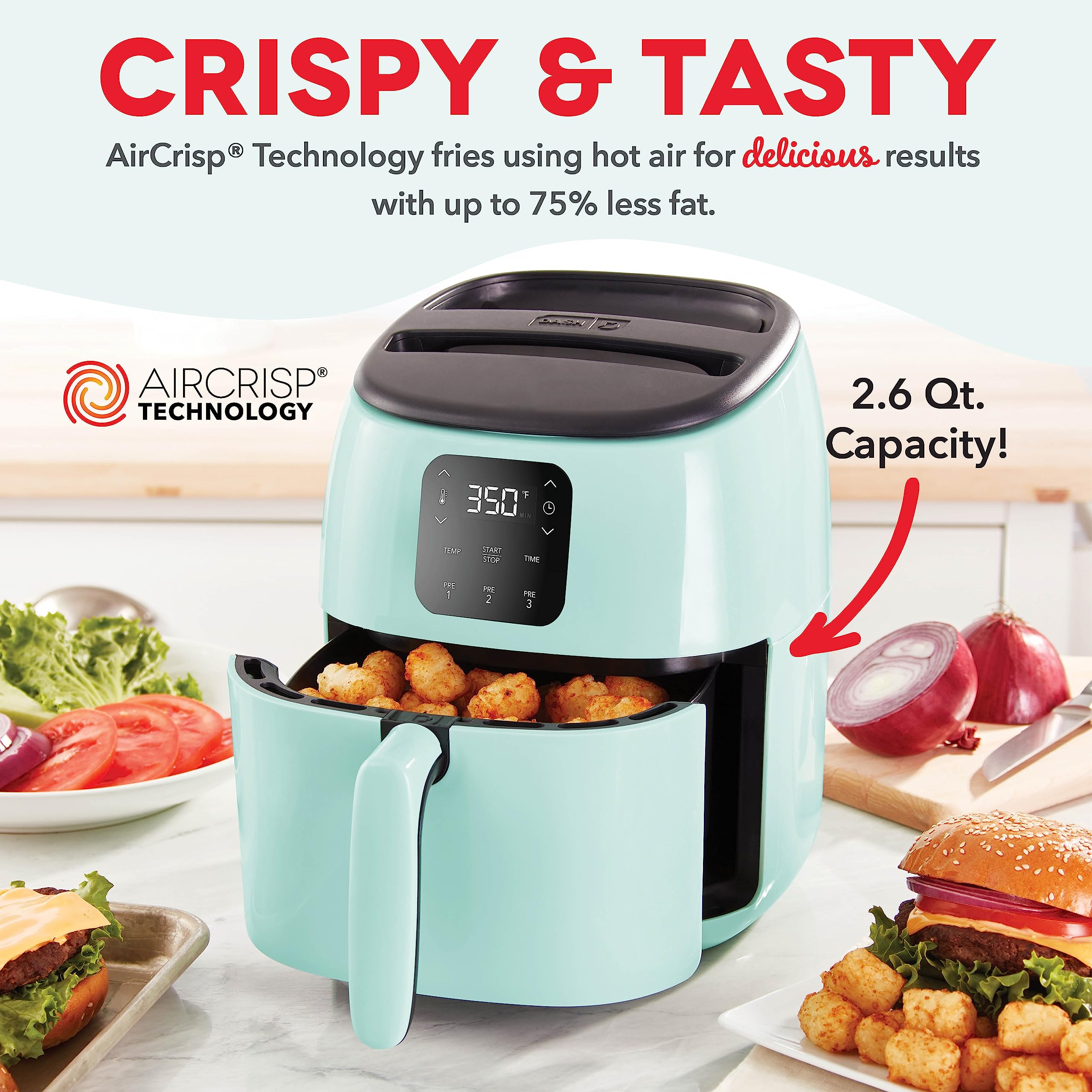 Dash Tasti-Crisp Electric Air Fryer Oven, 2.6 Qt., Aqua - Compact Air Fryer For Healthier Food In Minutes, Ideal For Small Space